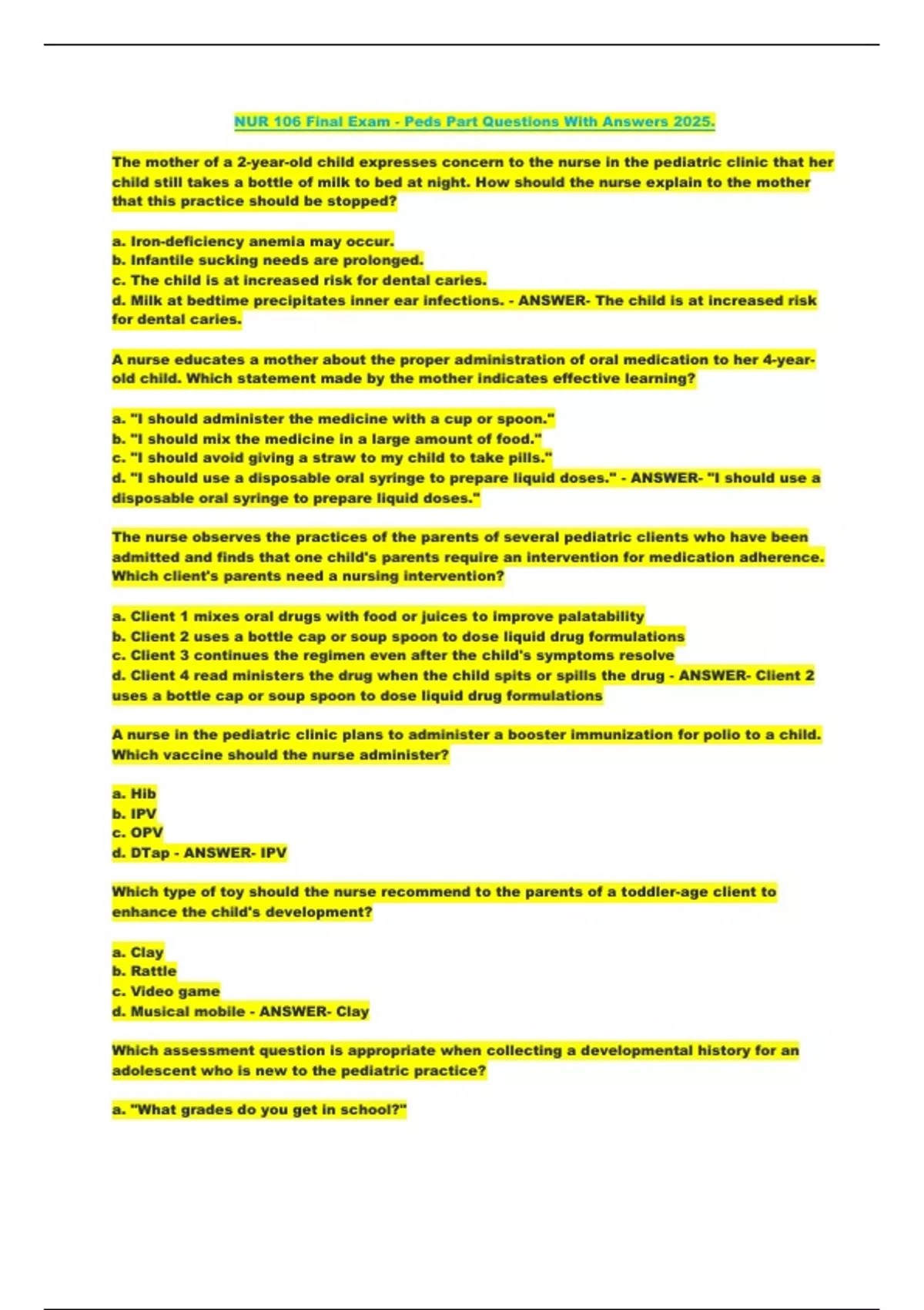 NUR 106 Final Exam - Peds Part Questions With Answers 2025..pdf ...
