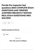 Florida fire Inspector test questions 2025 COMPLETE EXAM QUESTIONS AND VERIFIED ANSWERS &vert;RECENTLY TESTING REAL EXAM QUESTIONS&vert; 100&percnt; SOLVED&excl;&excl;