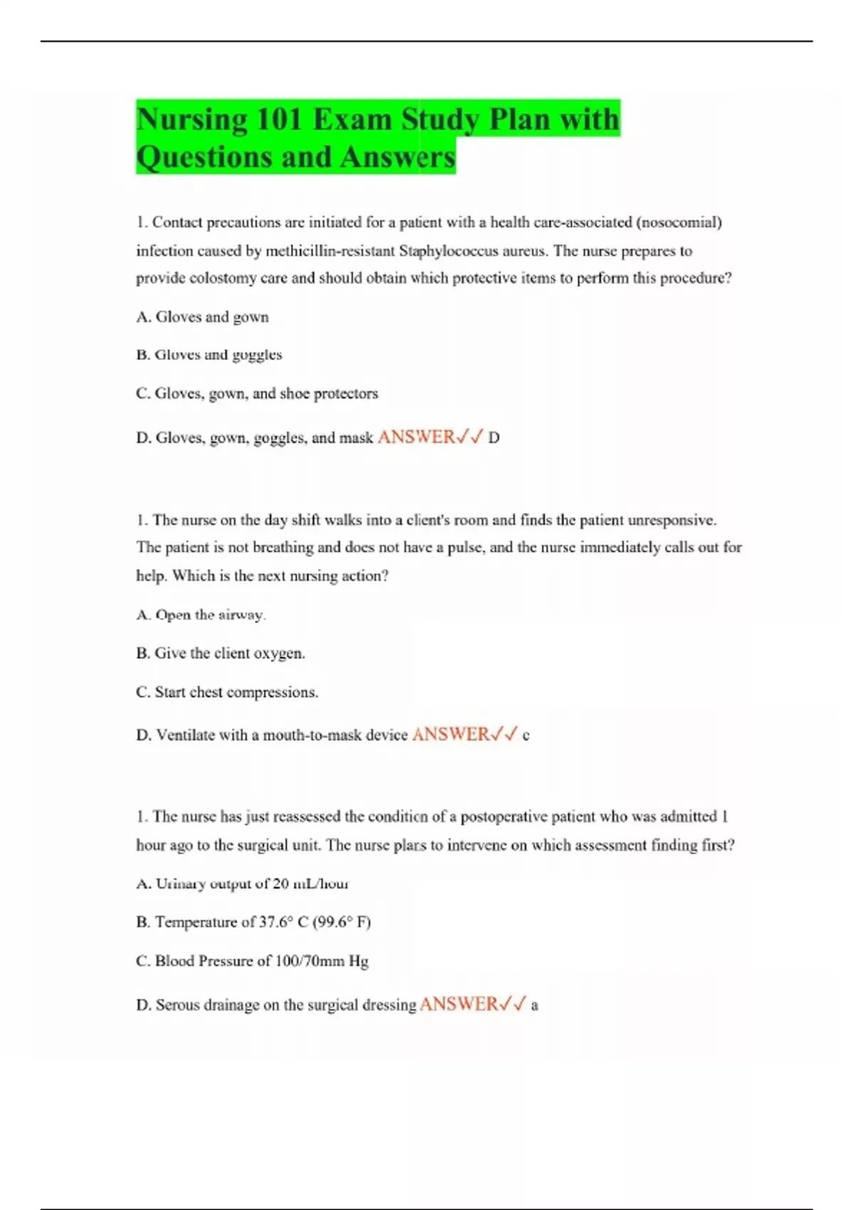 Nursing 101 Exam Study Plan with Questions and Answers - Nursing 101 ...