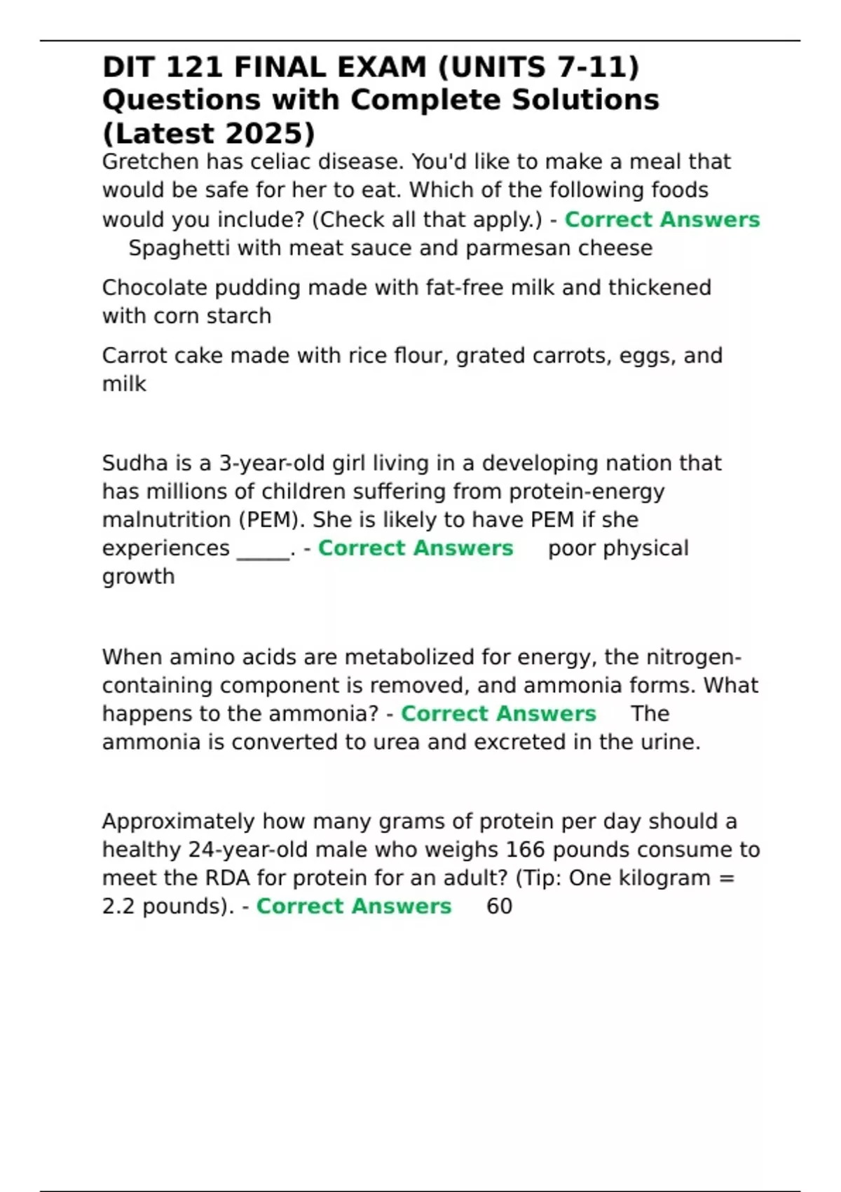 DIT 121 FINAL EXAM (UNITS 7-11) Questions with Complete Solutions ...