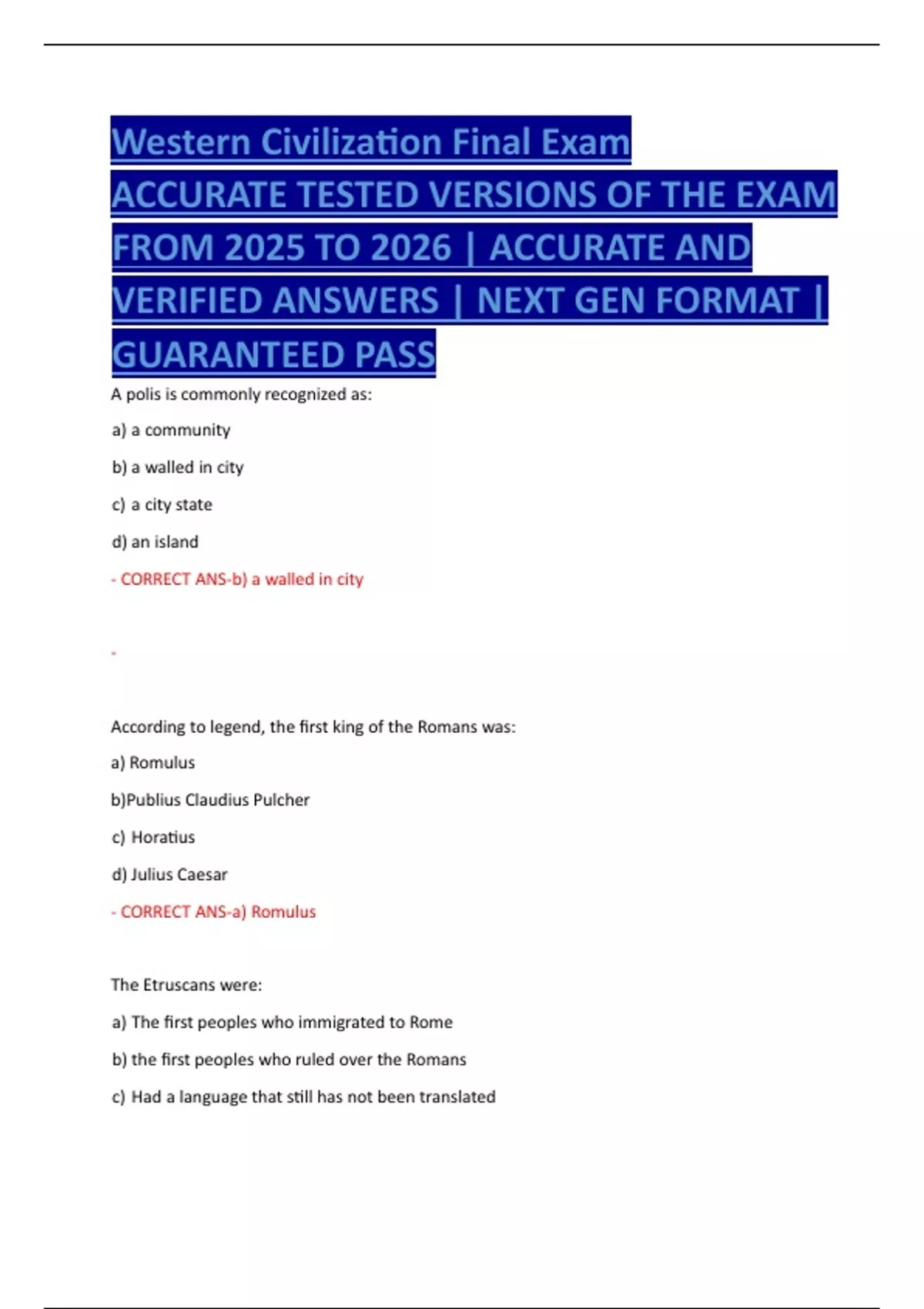 Western Civilization Final Exam ACCURATE TESTED VERSIONS OF THE EXAM ...