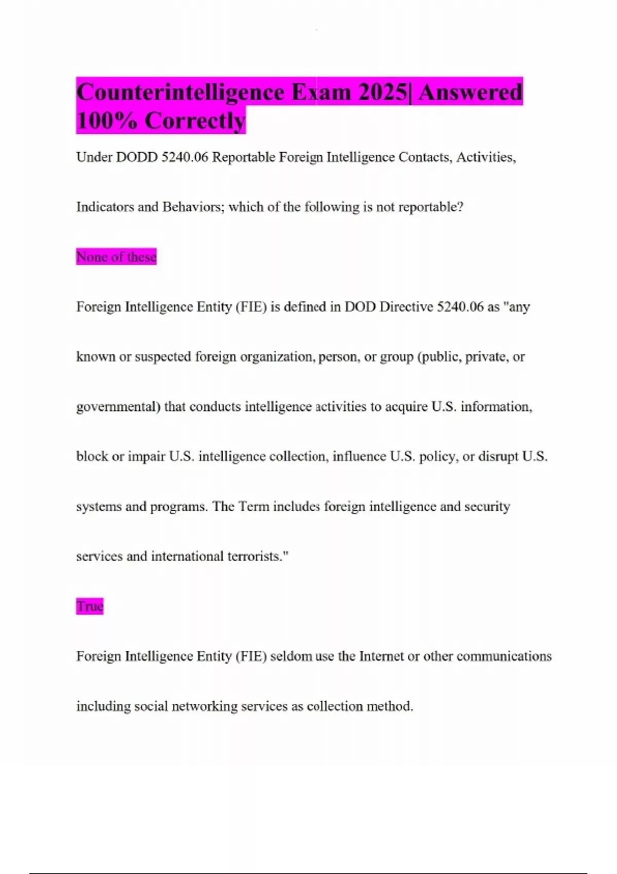 Counterintelligence Polygraph Questions Counterintelligence Exam 2025| Answered 100% Correctly ...