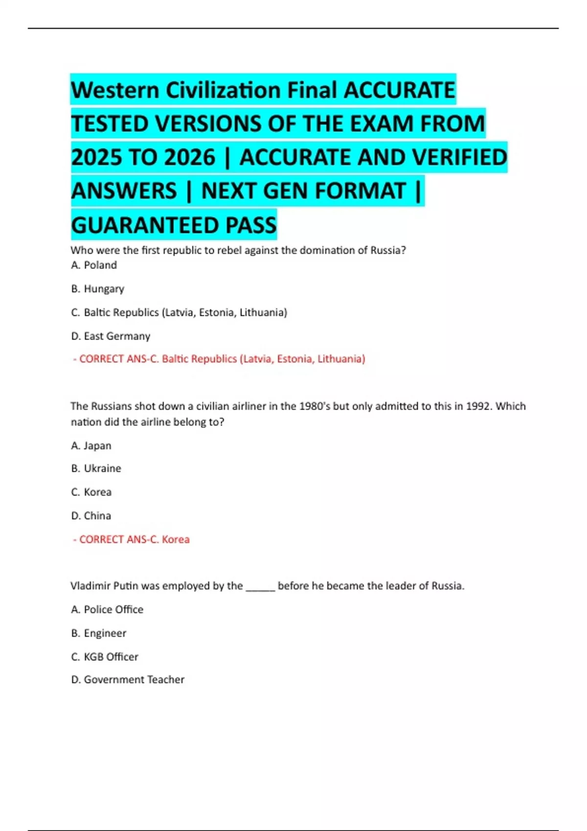 Western Civilization Final ACCURATE TESTED VERSIONS OF THE EXAM FROM ...