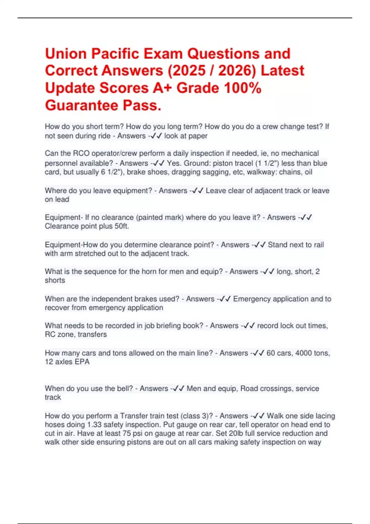 Union Pacific Exam Questions and Correct Answers (2025 / 2026) Latest ...