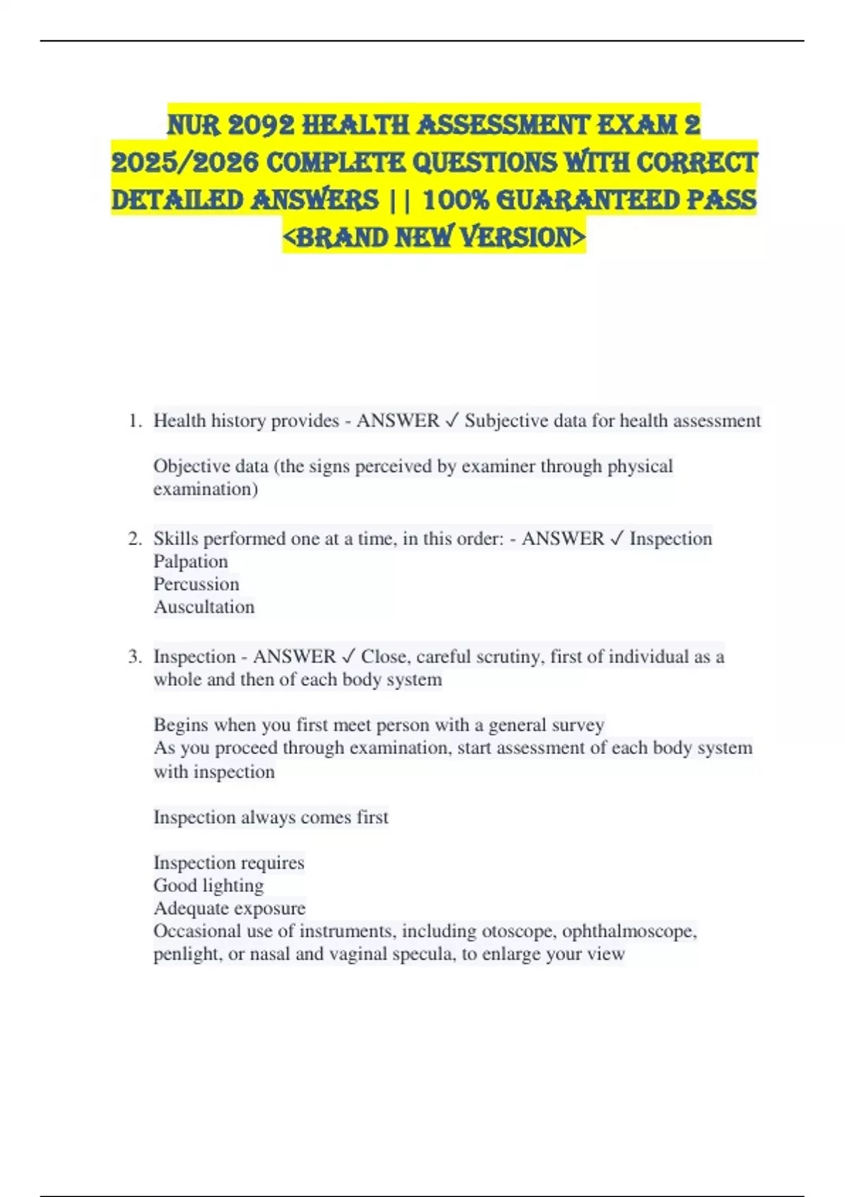 NUR 2092 Health Assessment Exam 2 2025/2026 COMPLETE QUESTIONS WITH ...