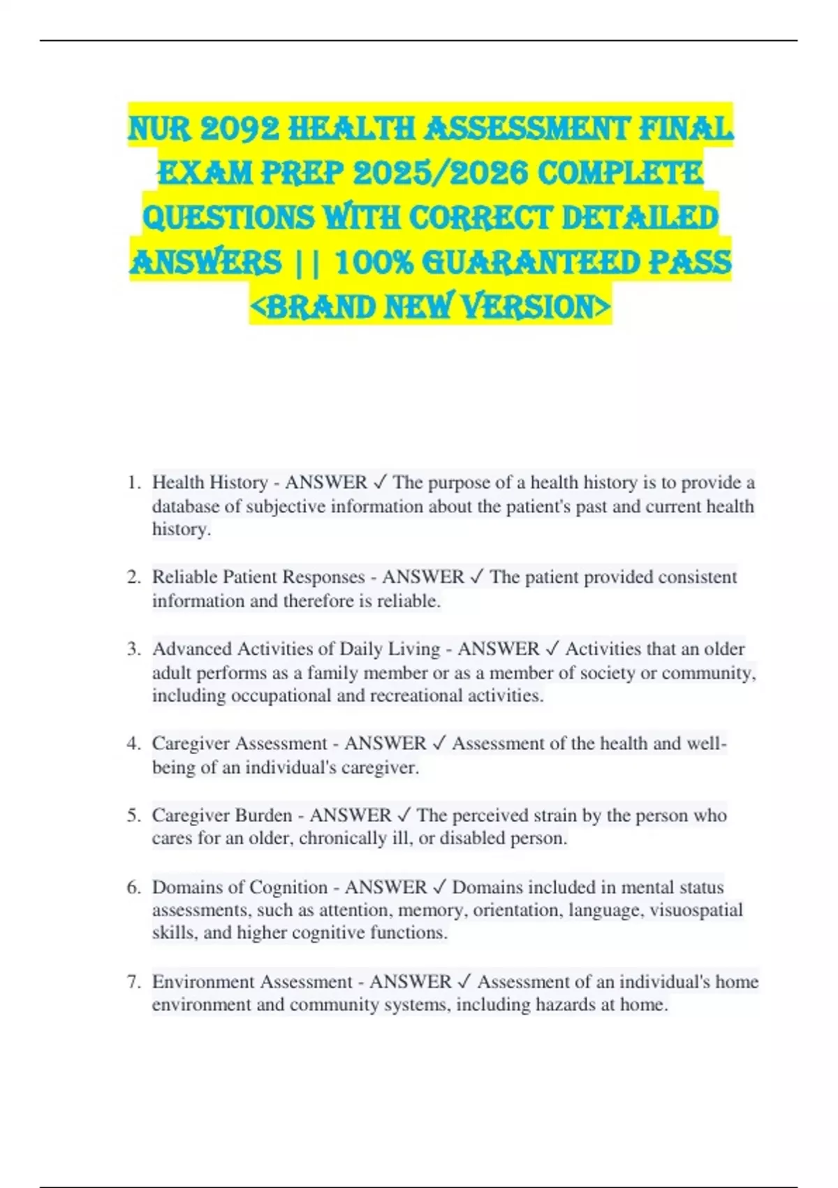 NUR 2092 Health Assessment FINAL EXAM PREP 2025/2026 COMPLETE QUESTIONS ...