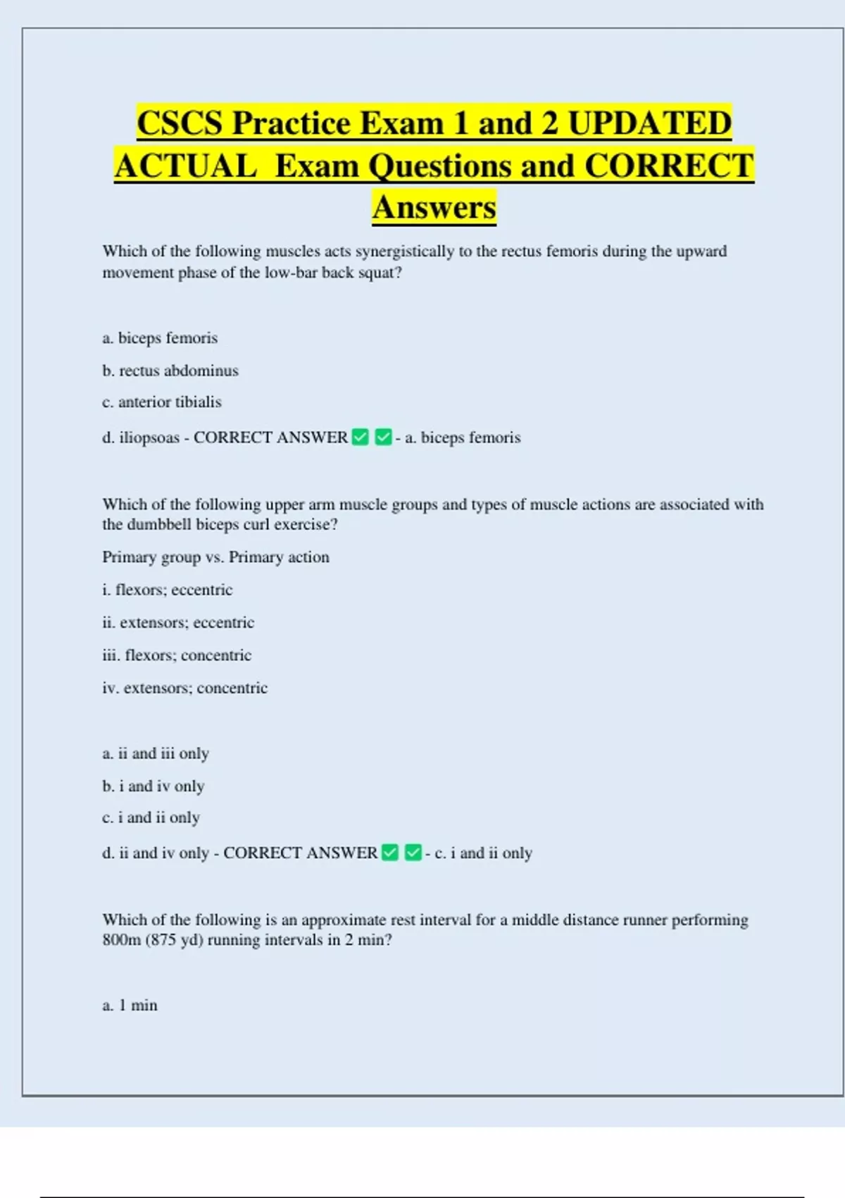 Csca Example Questions CSCS Practice Exam 1 and 2 UPDATED ACTUAL Exam Questions and CORRECT ...
