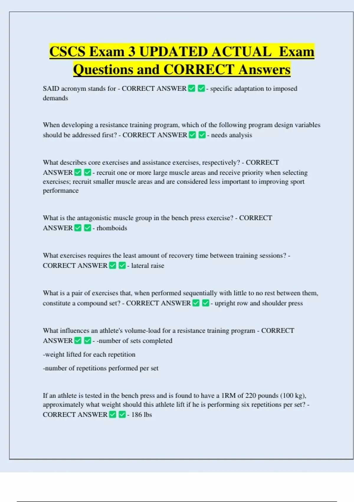 CSCS Exam 3 UPDATED ACTUAL Exam Questions and CORRECT Answers - CSCS ...