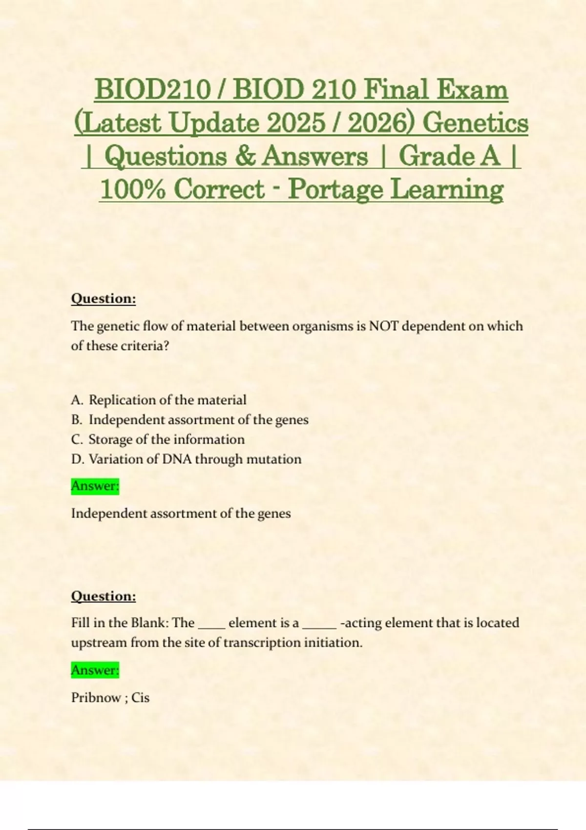 BIOD210 / BIOD 210 Final Exam (Latest Update 2025 / 2026) Genetics ...