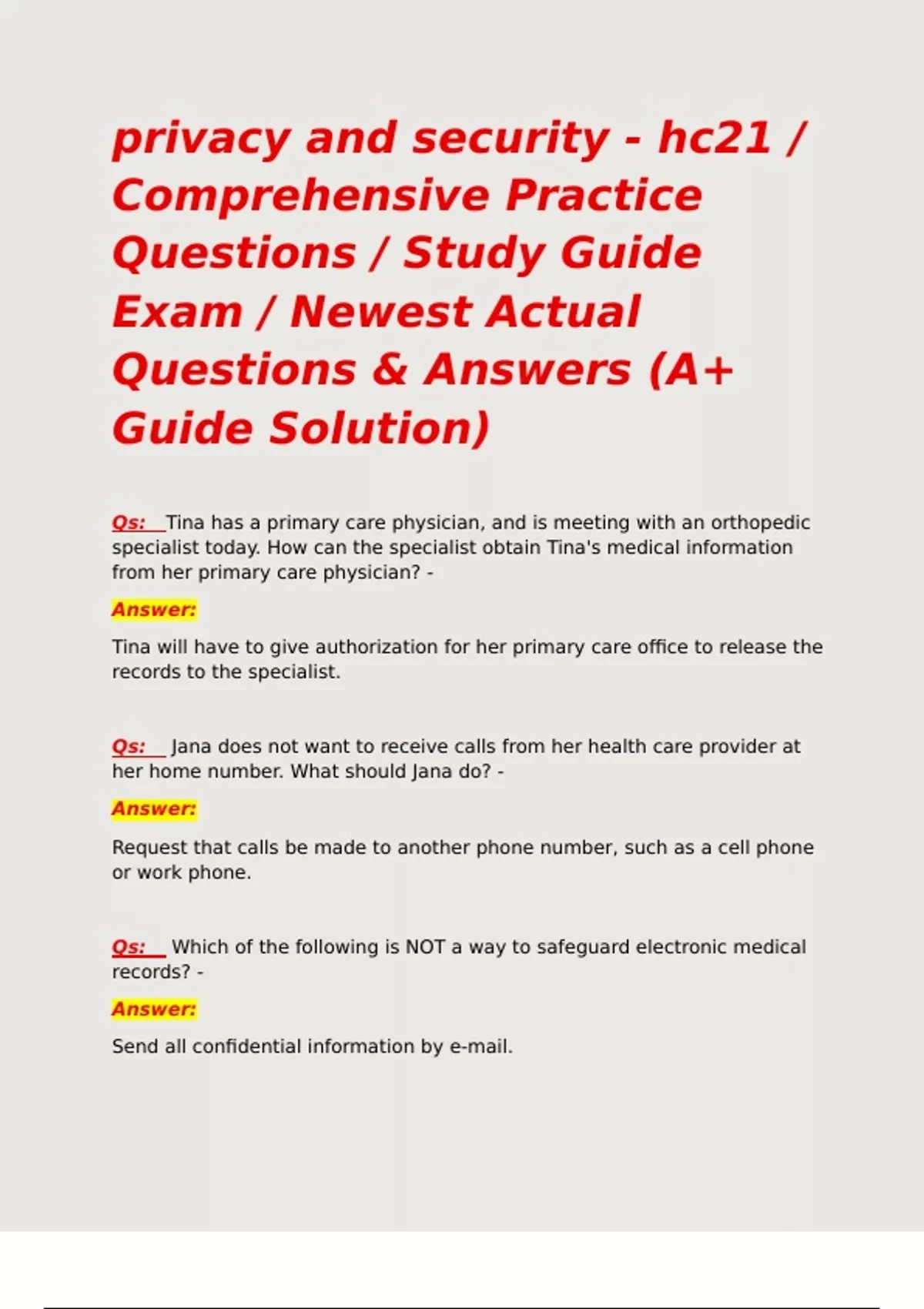 Hc21 Form Example privacy and security - hc21 / Comprehensive Practice Questions / Study ...