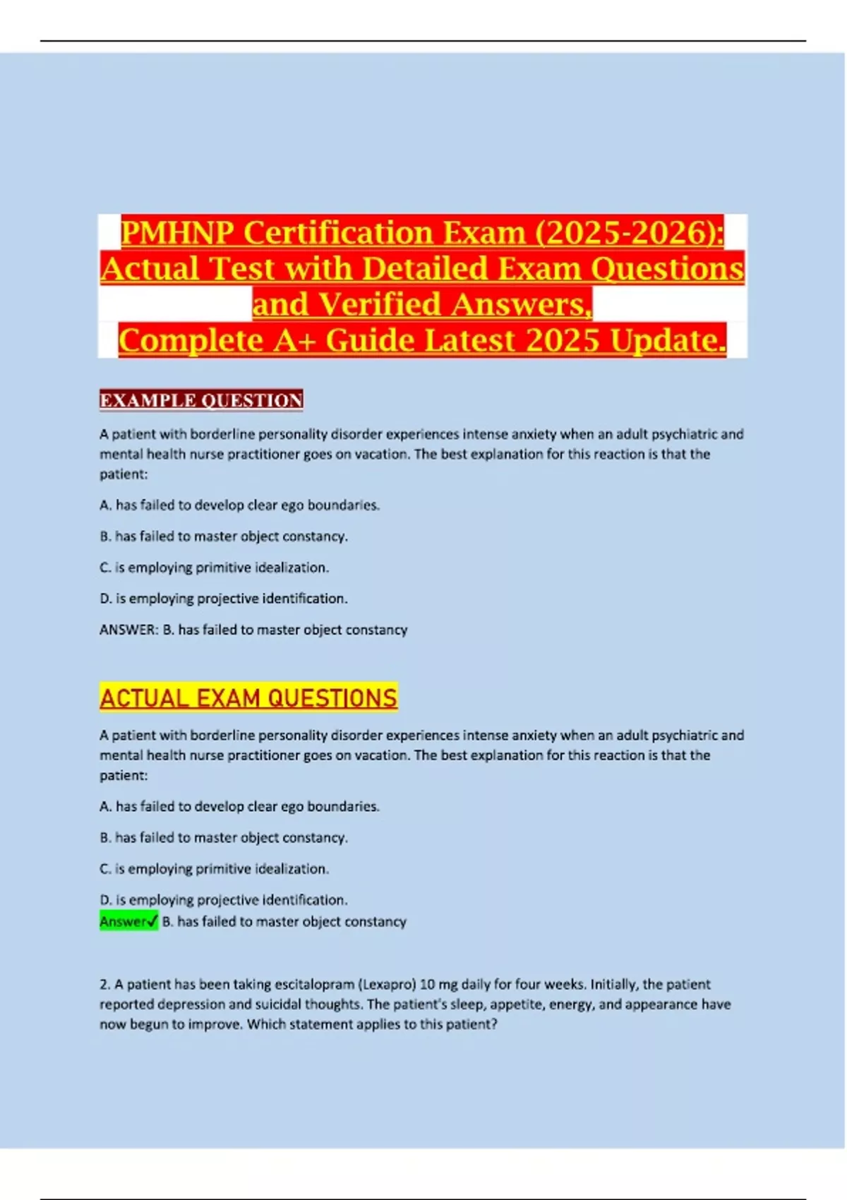 PMHNP Certification Exam (): Actual Test with Detailed Exam Questions ...