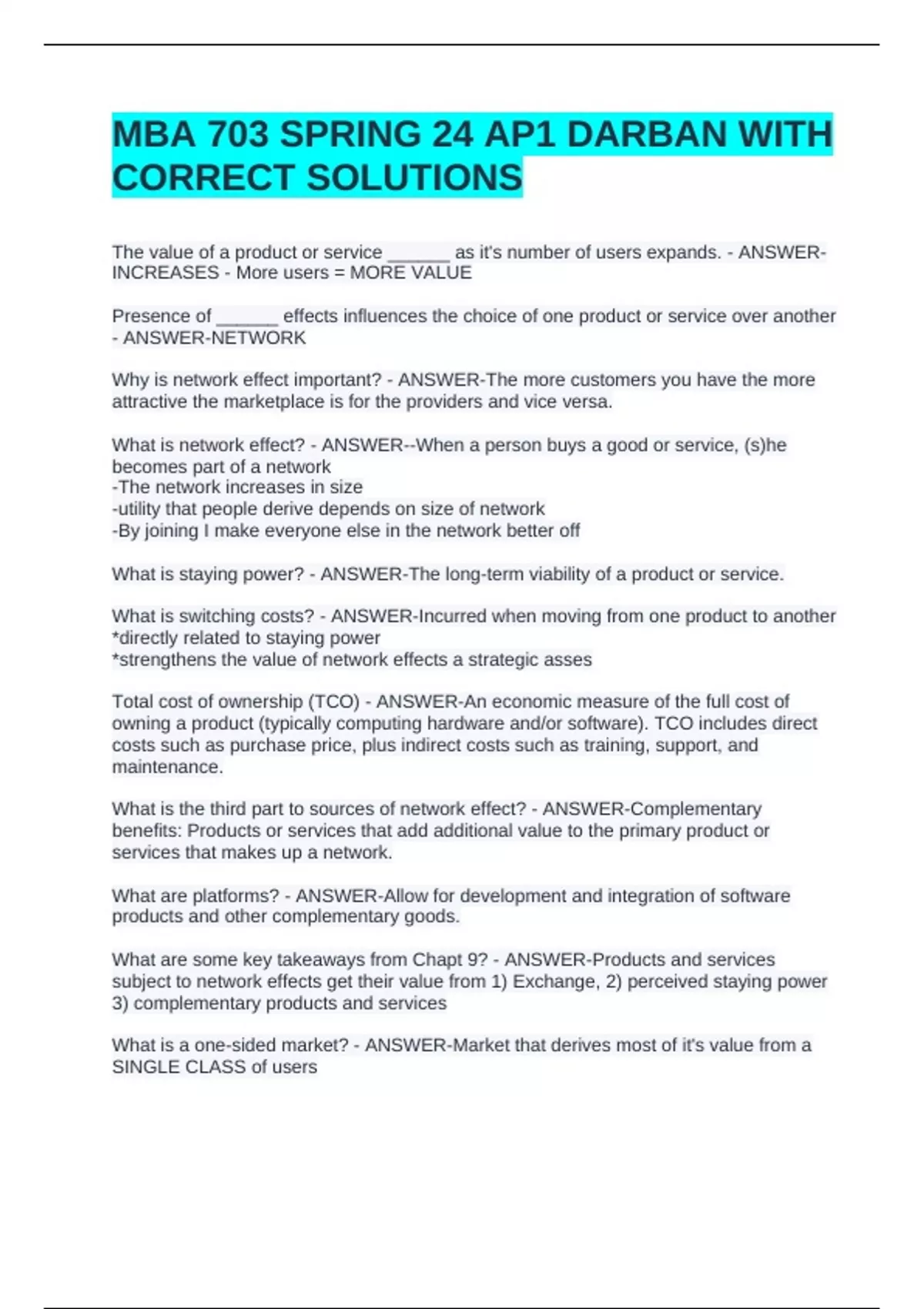MBA 703 SPRING 24 AP1 DARBAN WITH CORRECT SOLUTIONS - MBA 703 SPRING 24 ...