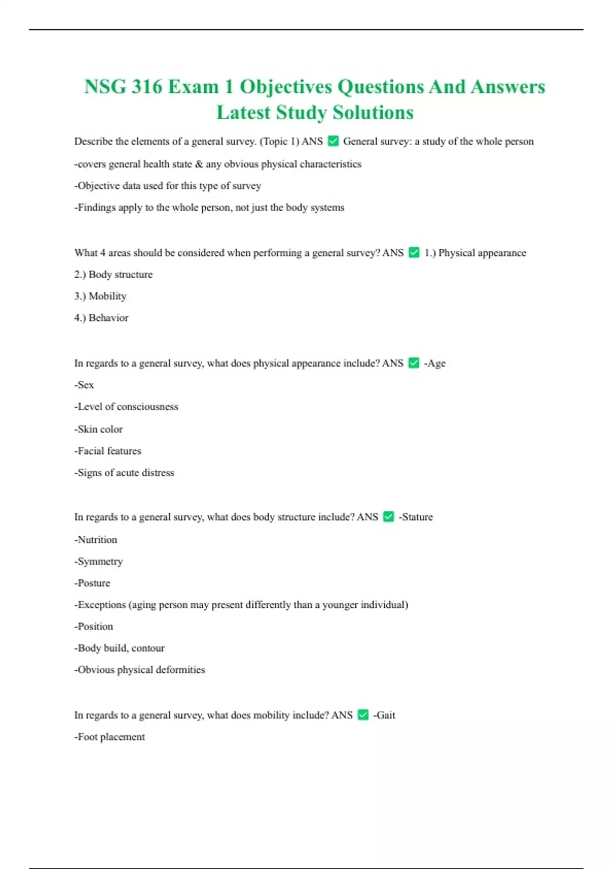 NSG 316 Exam 1 Objectives Questions And Answers Latest Study Solutions ...
