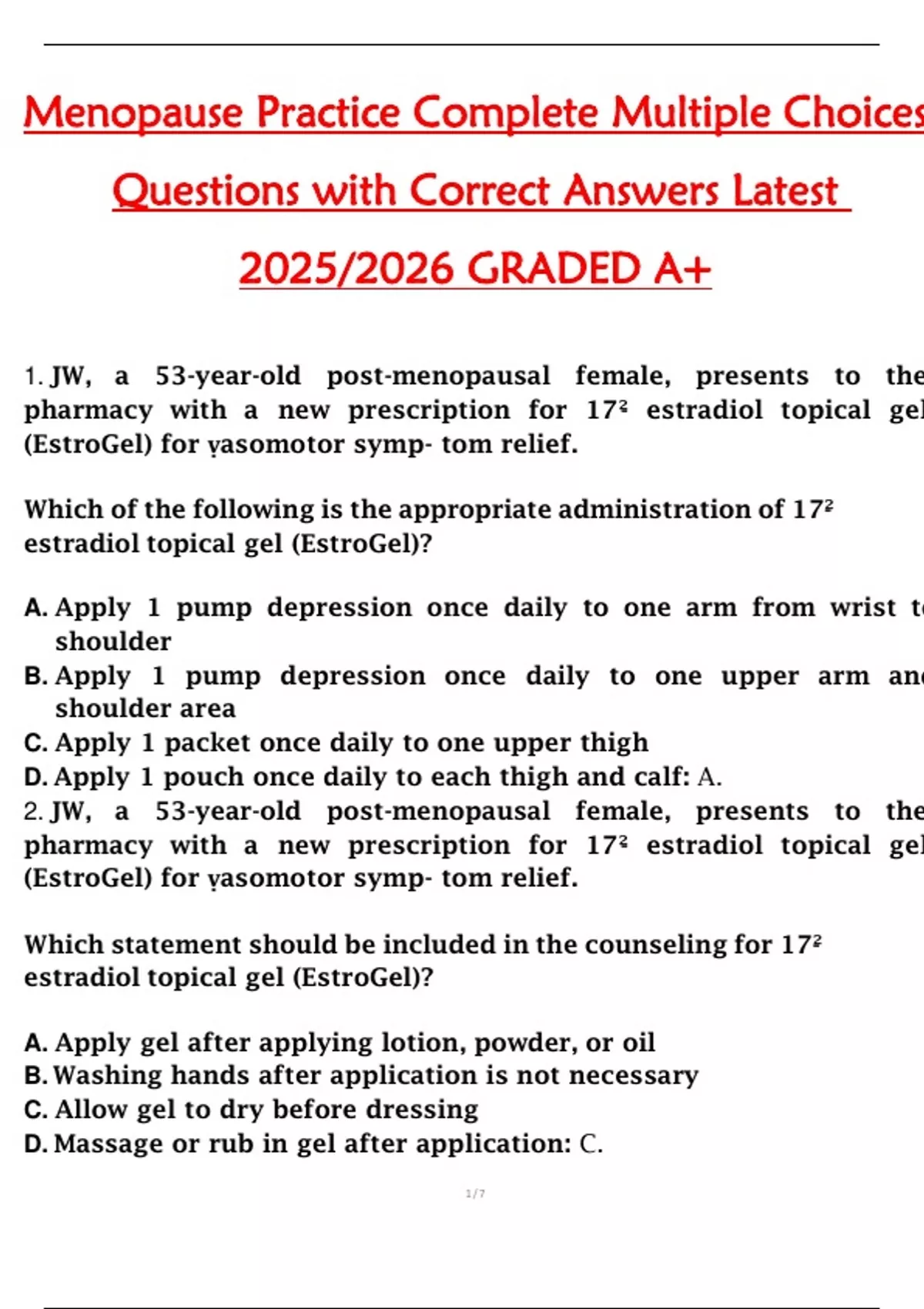 Menopause Practice Questions – Complete Multiple Choice Set with ...