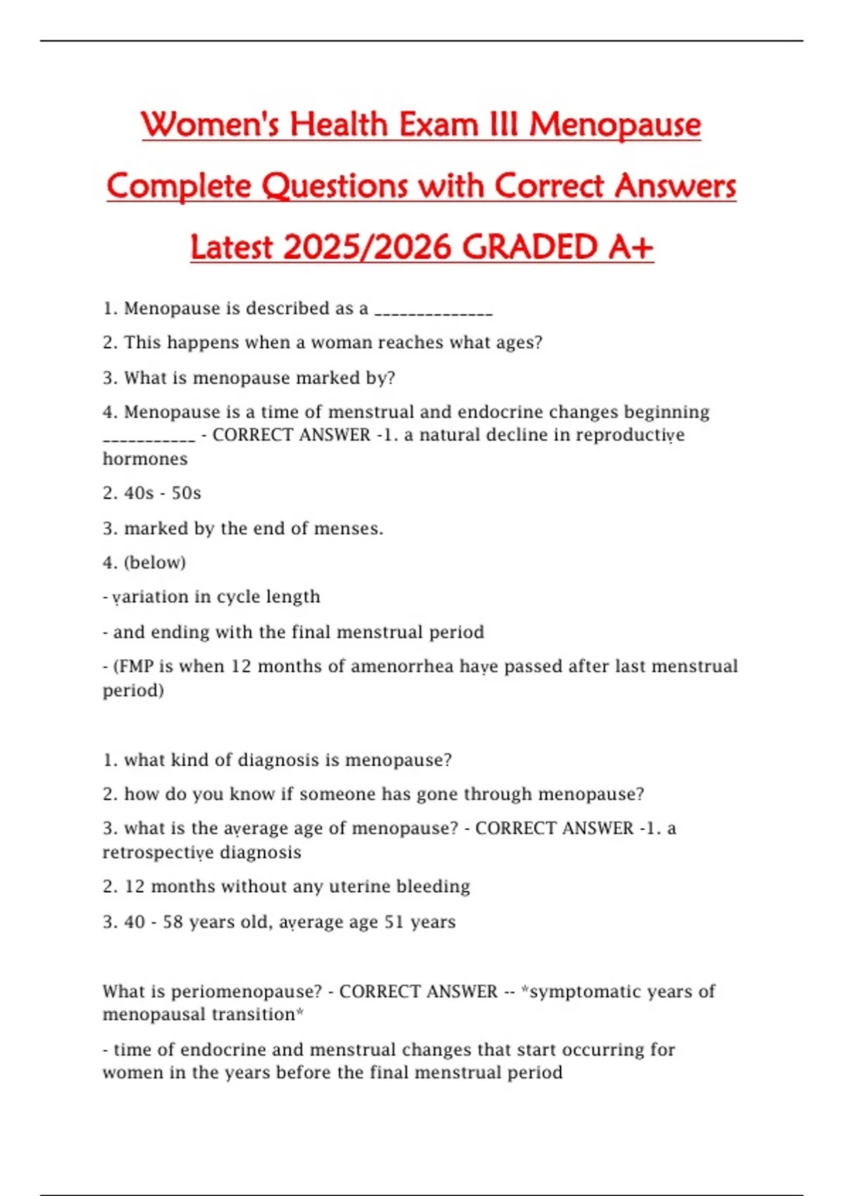 Women's Health Exam III Menopause Complete Questions with Correct ...