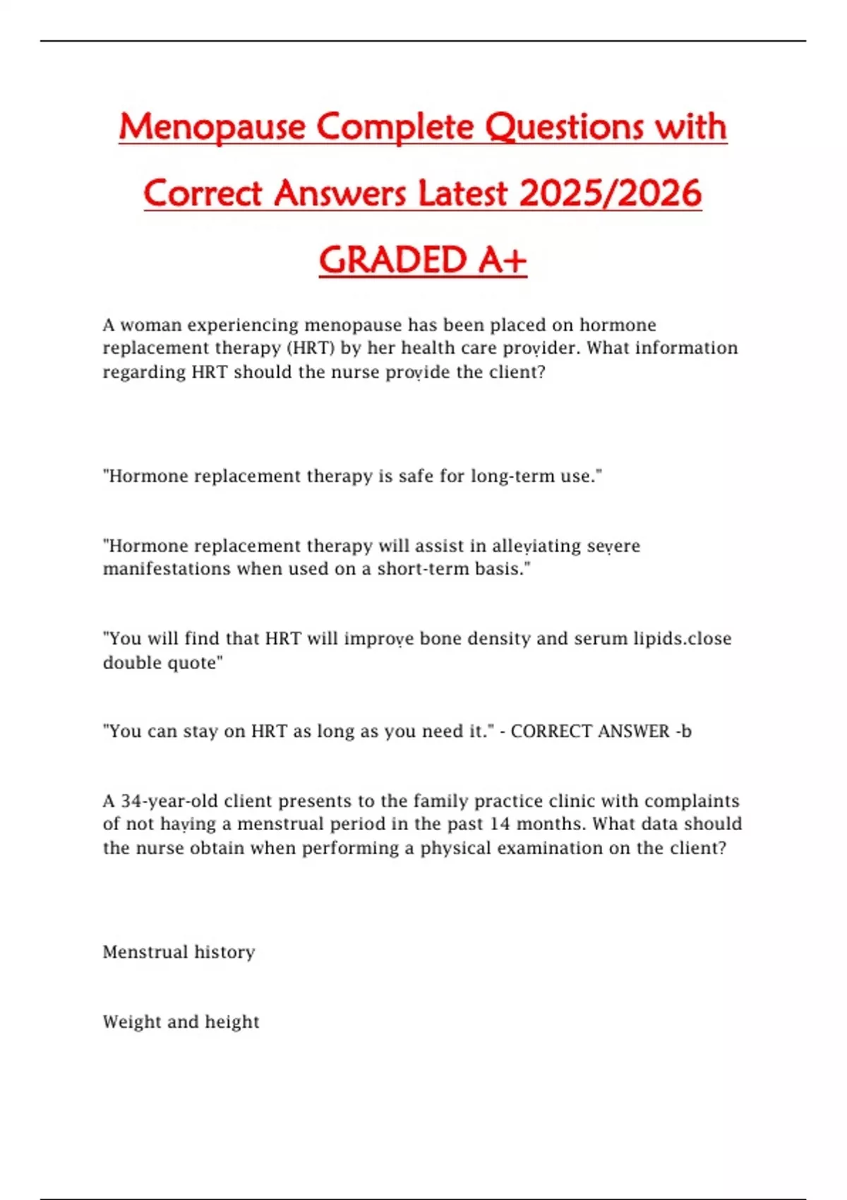 Menopause Complete Questions with Correct Answers Latest 2025/2026 ...