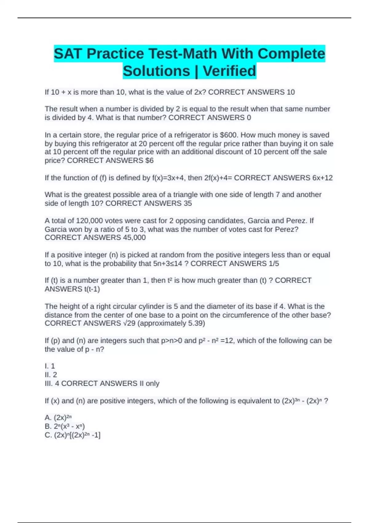 SAT Practice Test-Math With Complete Solutions | Verified - SAT - Stuvia US