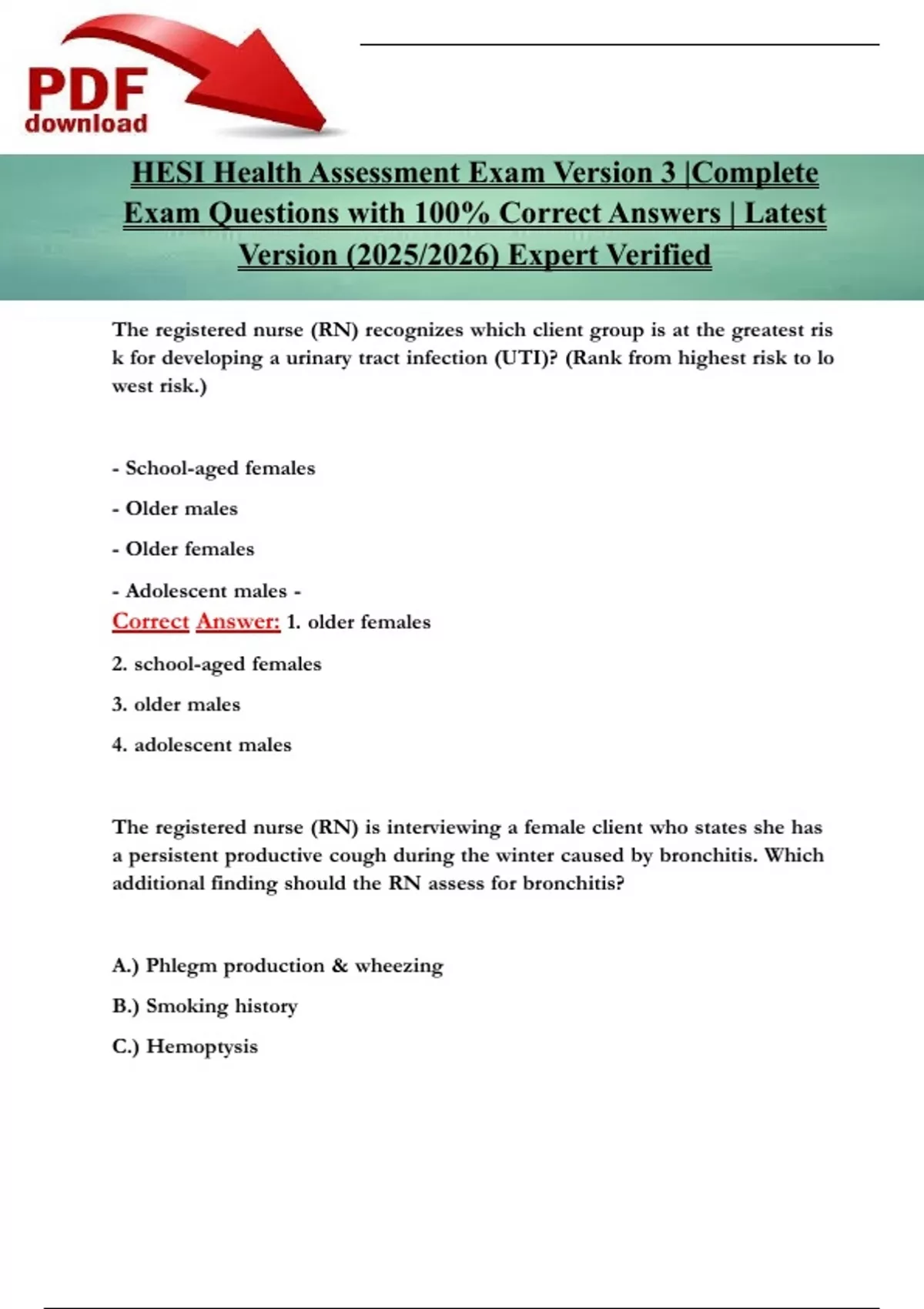HESI Health Assessment Exam Version 3 |Complete Exam Questions with 100 ...