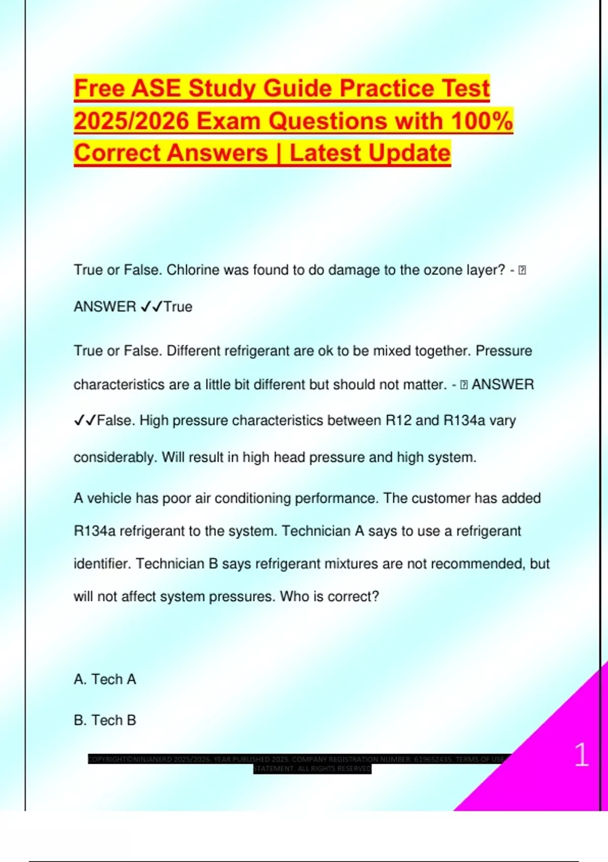 Free ASE Study Guide Practice Test 2025/2026 Exam Questions with 100% ...