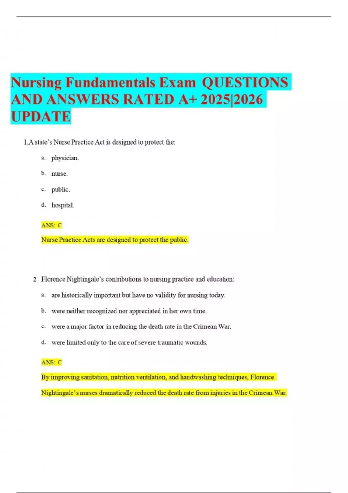 Nursing Fundamentals Exam QUESTIONS AND ANSWERS RATED A+ 2025|2026 ...