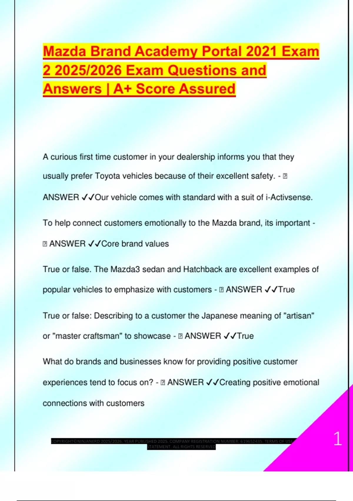 Mazda Brand Academy Portal 2021 Exam 2 2025/2026 Exam Questions and ...