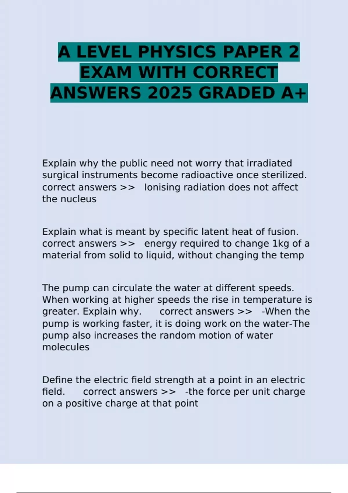 A LEVEL PHYSICS PAPER 2 EXAM WITH CORRECT ANSWERS 2025 GRADED A+ - A ...