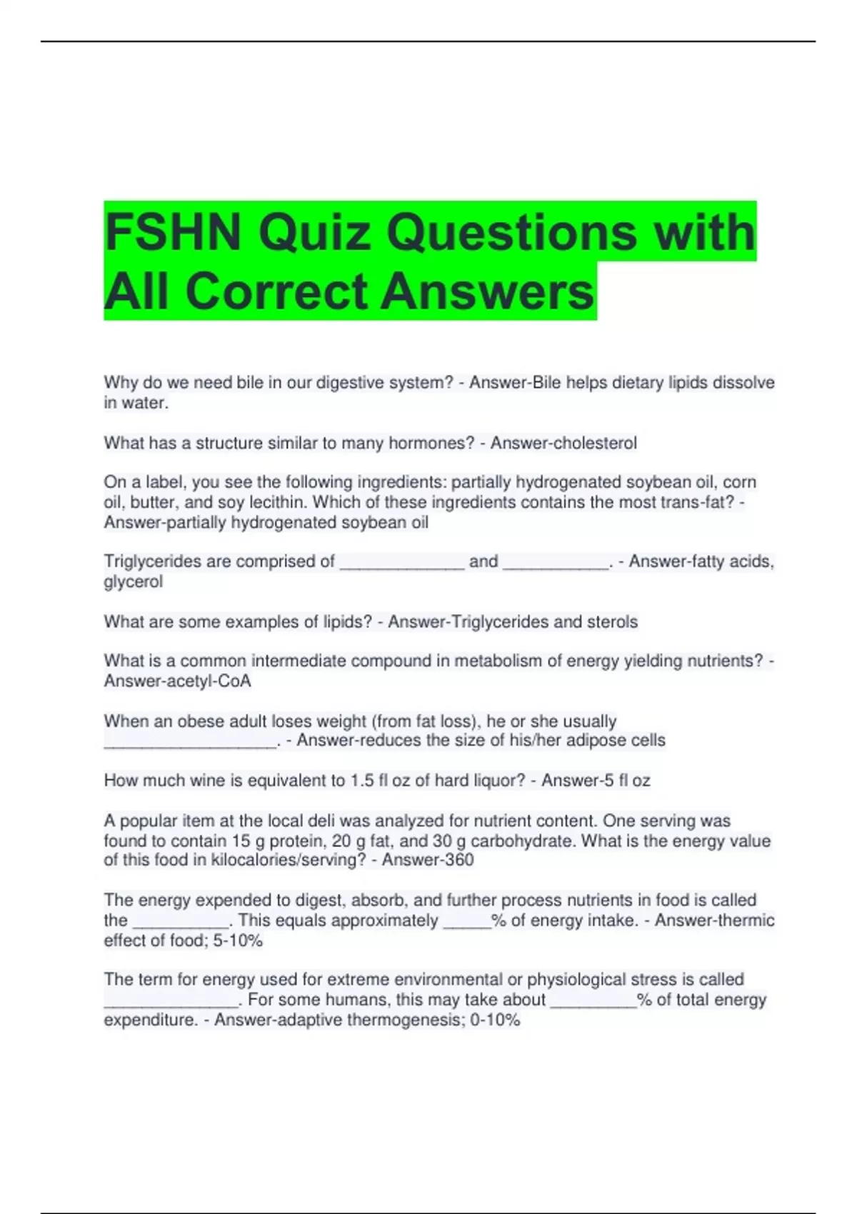 FSHN Quiz Questions with All Correct Answers - FSHN - Stuvia US