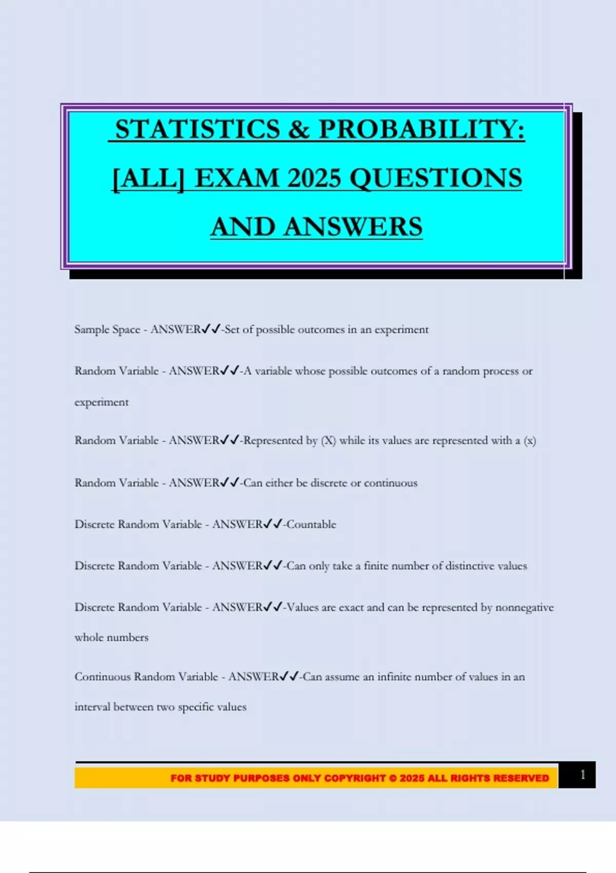 STATISTICS & PROBABILITY: [ALL] EXAM 2025 QUESTIONS AND ANSWERS - PSTAT ...