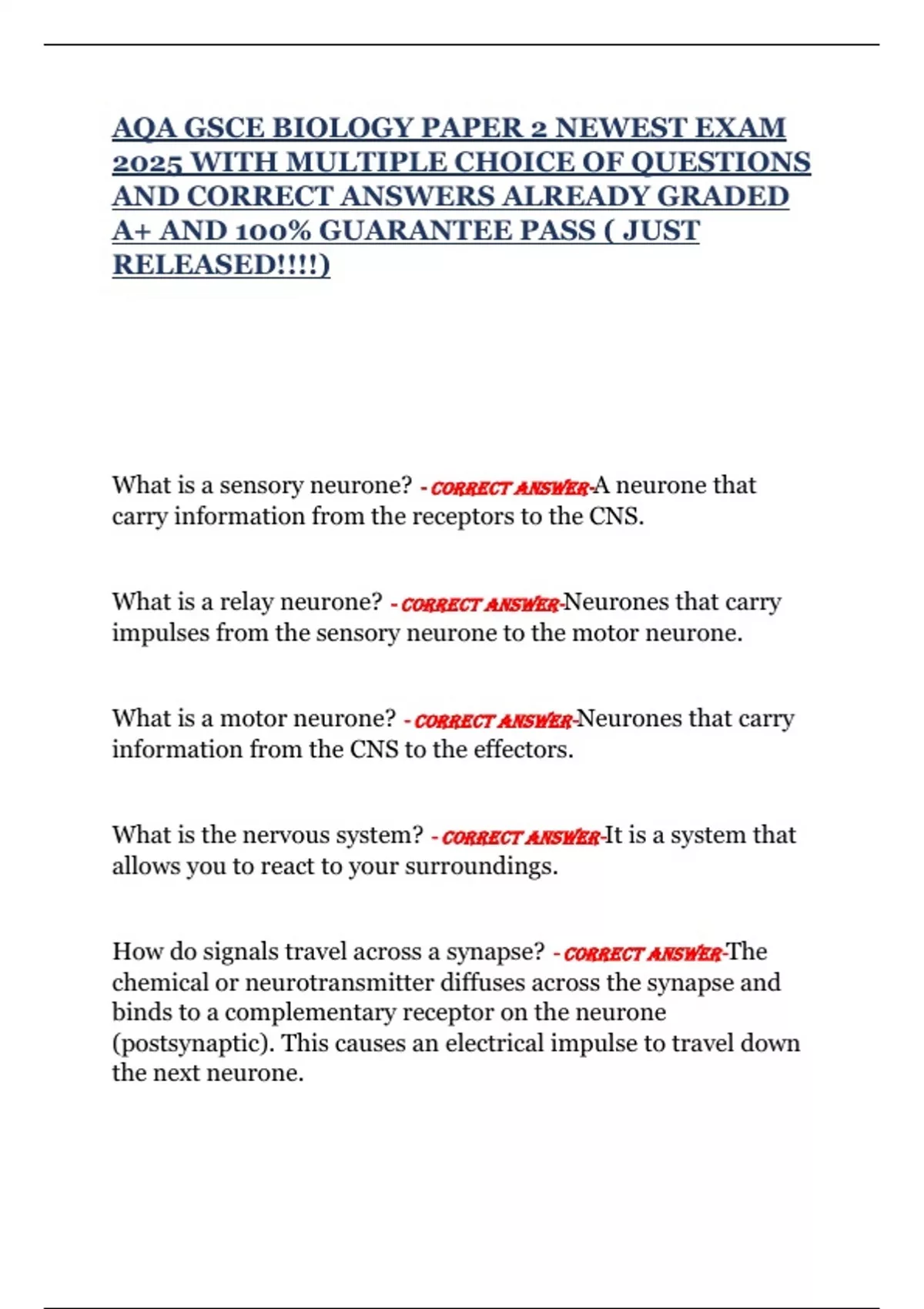 AQA GSCE BIOLOGY PAPER 2 NEWEST EXAM 2025 WITH MULTIPLE CHOICE OF ...