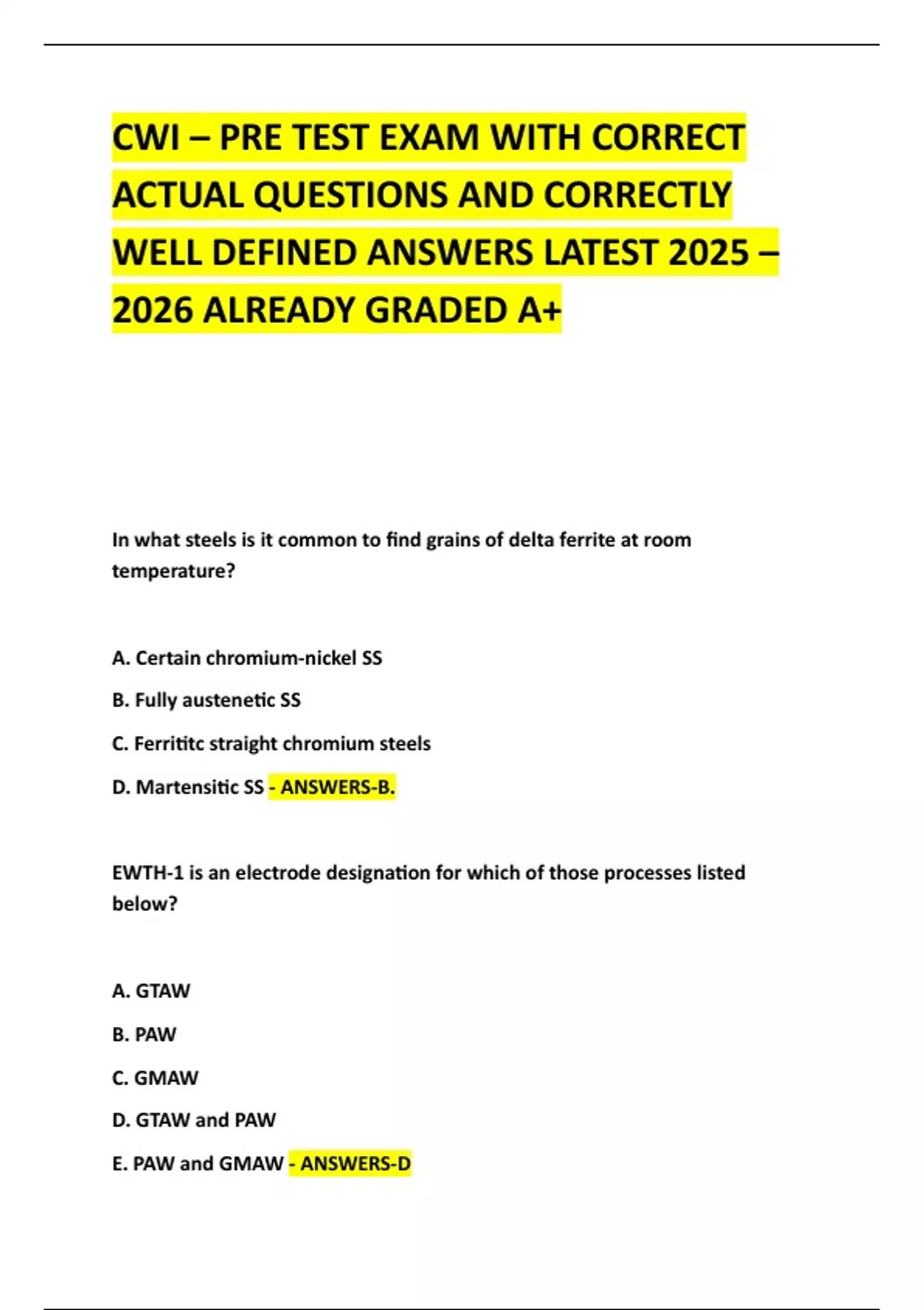 CWI – PRE TEST EXAM WITH CORRECT ACTUAL QUESTIONS AND CORRECTLY WELL ...