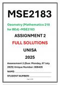MSE2183 Assignment 2 Complete Solutions UNISA 2025 Geometry &lpar;Mathematics 218 for BEd&rpar; - MSE2183 Due date 07 July 2025 Monday 