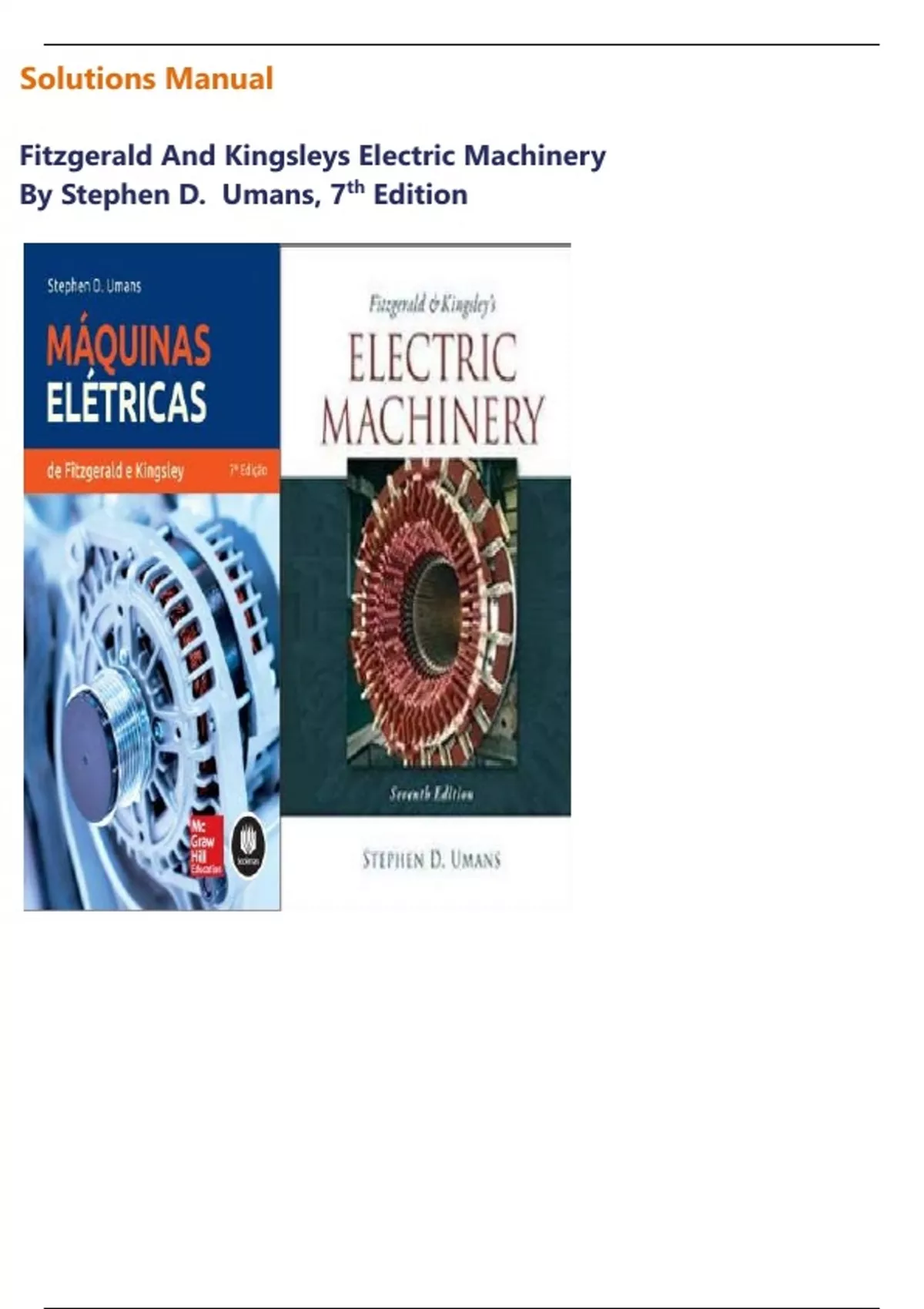 Solutions Manual for Fitzgerald and Kingsleys Electric Machinery 7th Edition by Umans ...