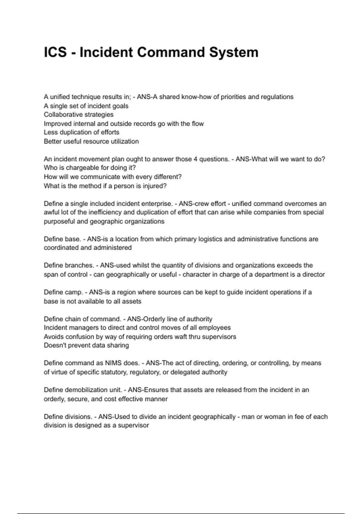 ICS - Incident Command System QUESTIONS AND CORRECT DETAILED ANSWERS ...