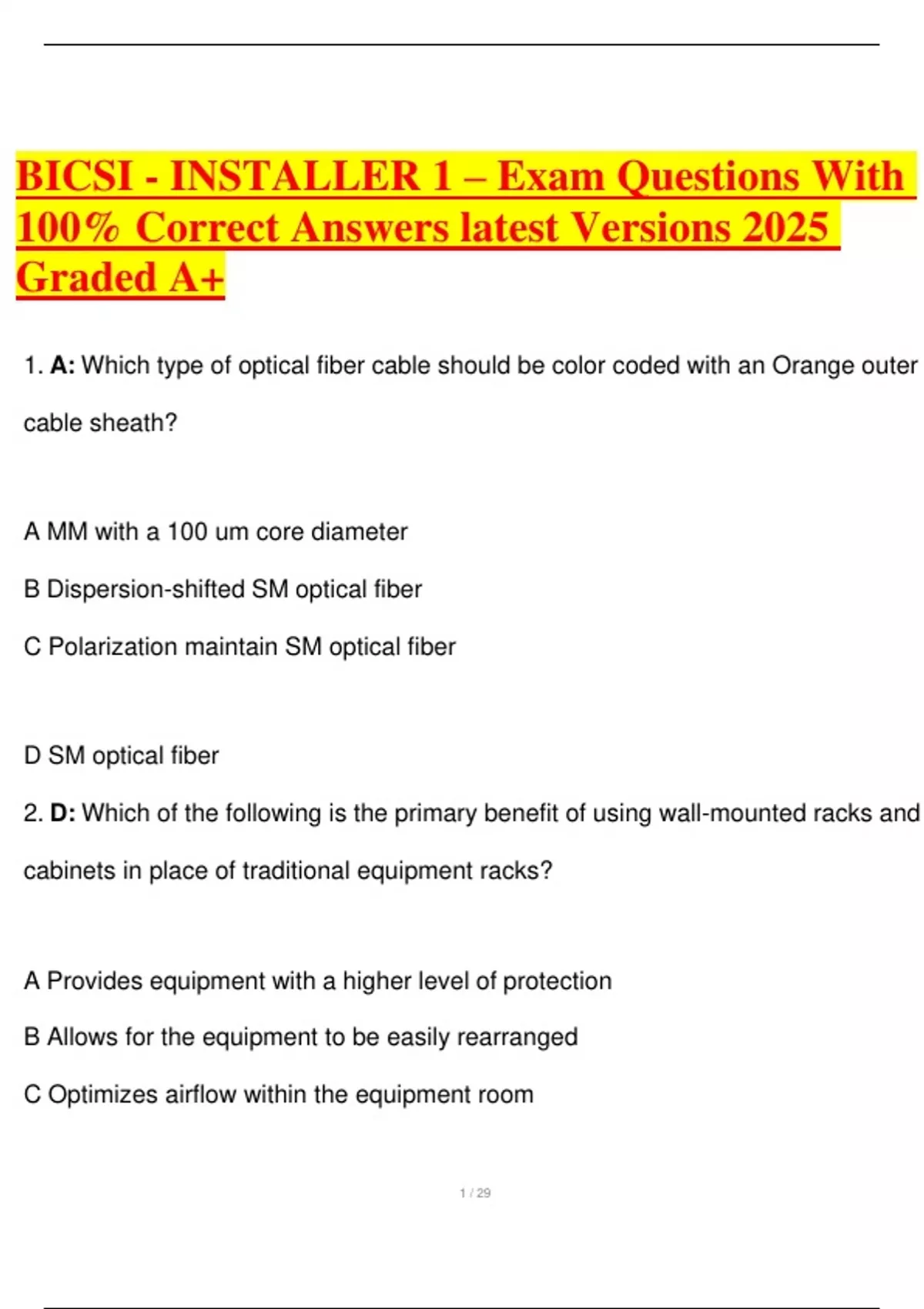 BICSI - INSTALLER 1 – Exam Questions With 100- Correct Answers latest ...
