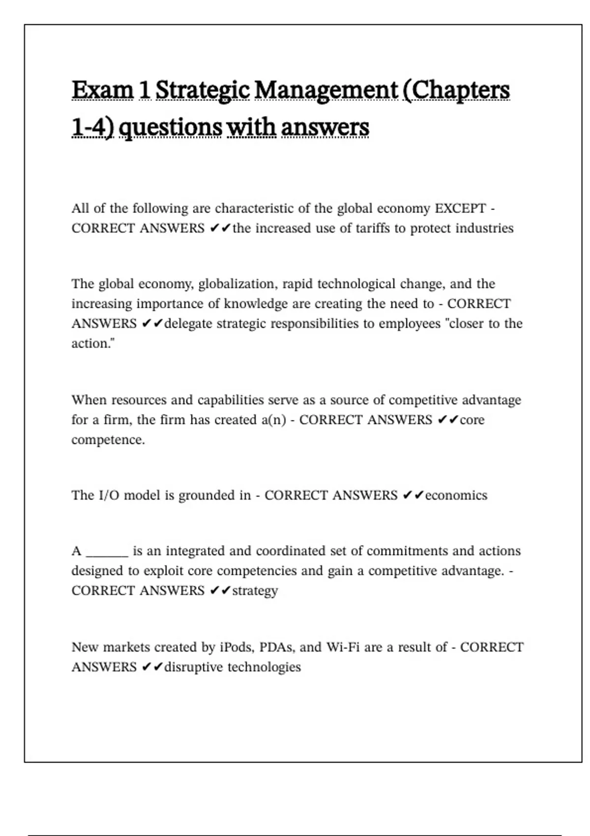 Exam 1 Strategic Management (Chapters 1-4) questions with answers - Strategic Management - Stuvia US