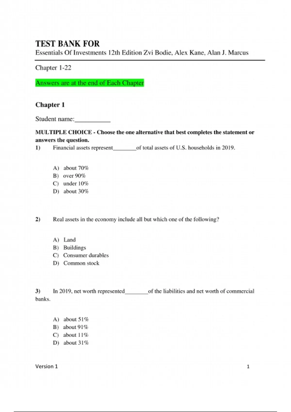 Test Bank for Essentials of Investments, 12th Edition, Zvi Bodie, Alex ...