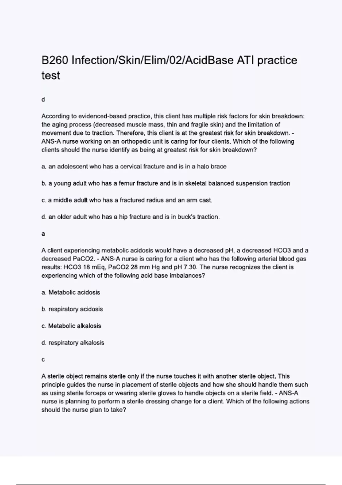 B260 Infection Skin Elim 02 Acid Base ATI practice test: {LATEST 2025/ ...