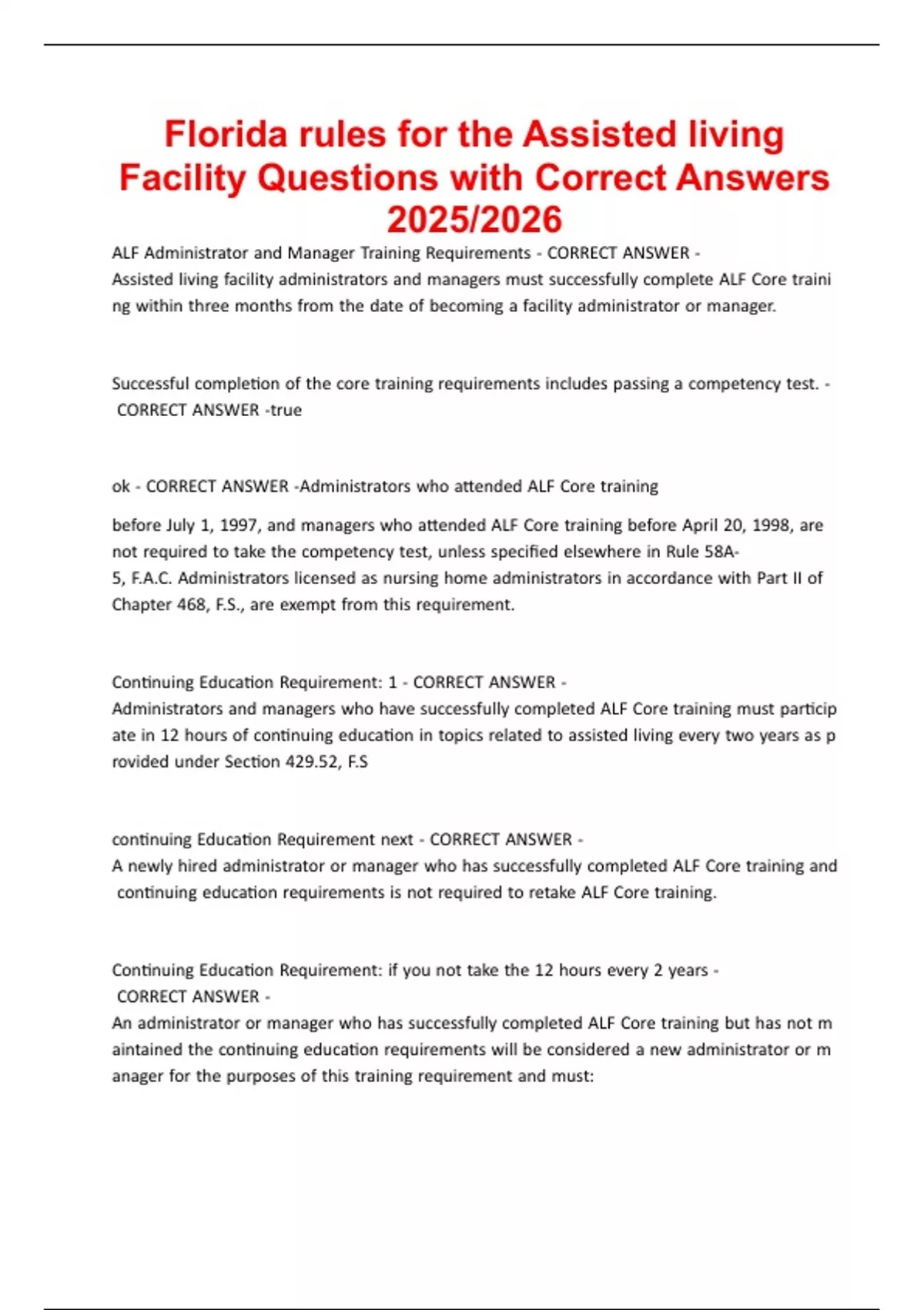 Florida rules for the Assisted living Facility Questions with Correct ...