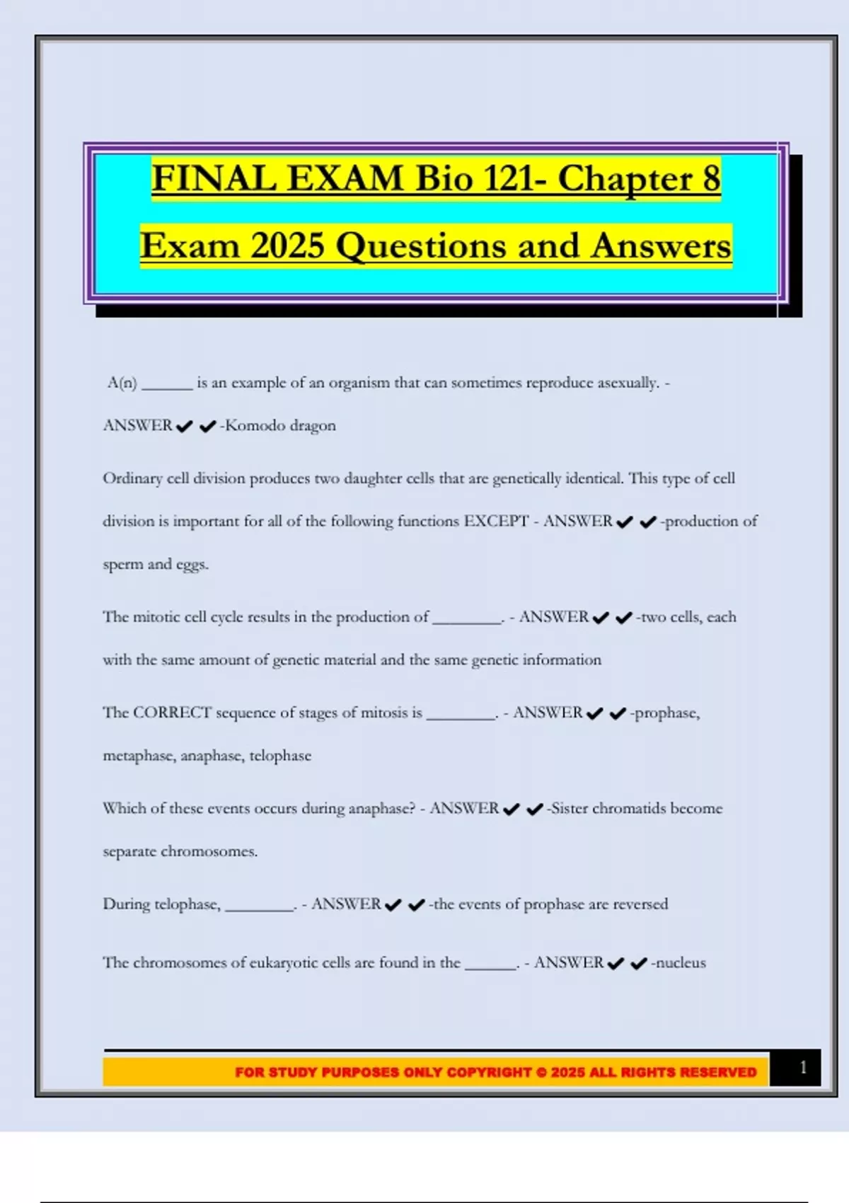 FINAL EXAM Bio 121- Chapter 8 Exam 2025 Questions and Answers - BIO 121 ...