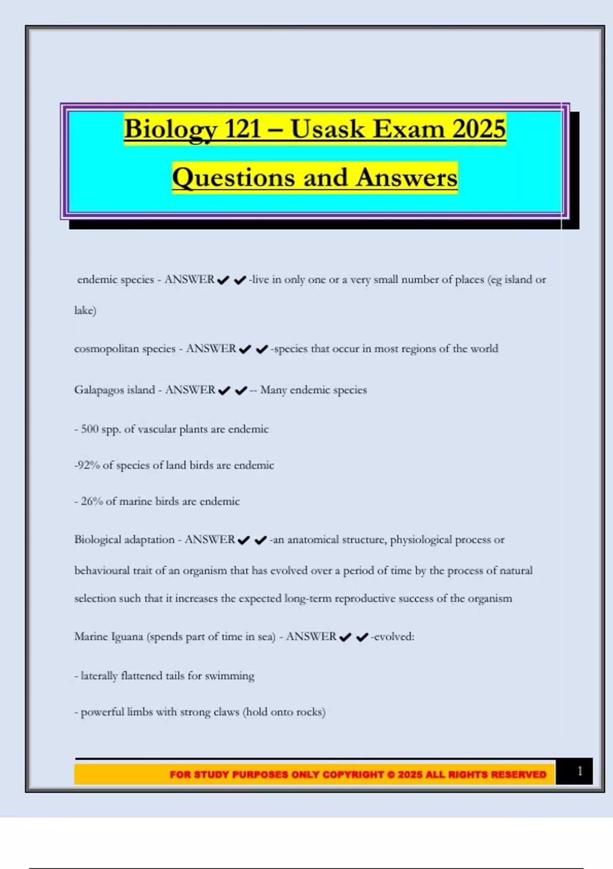 Biology 121 – Usask Exam 2025 Questions and Answers - BIO 121 - Stuvia US