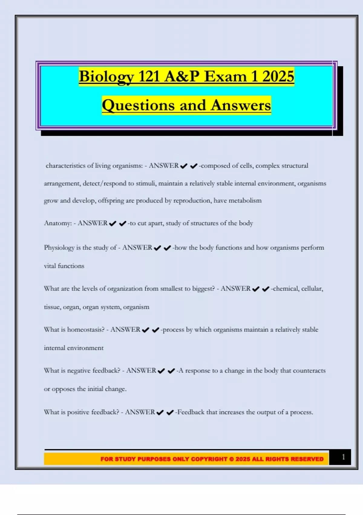 Biology 121 A&P Exam 1 2025 Questions and Answers - BIO 121 - Stuvia US