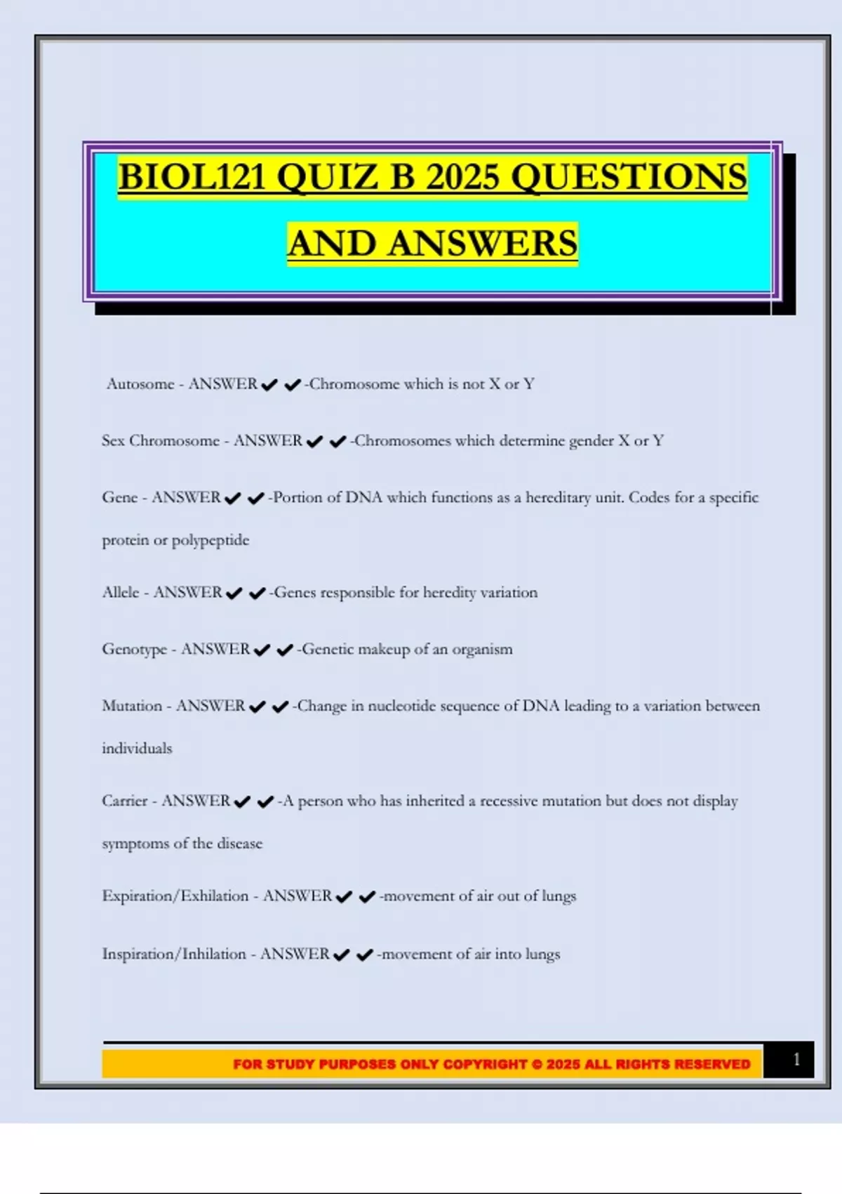 BIOL121 QUIZ B 2025 QUESTIONS AND ANSWERS - BIO 121 - Stuvia US