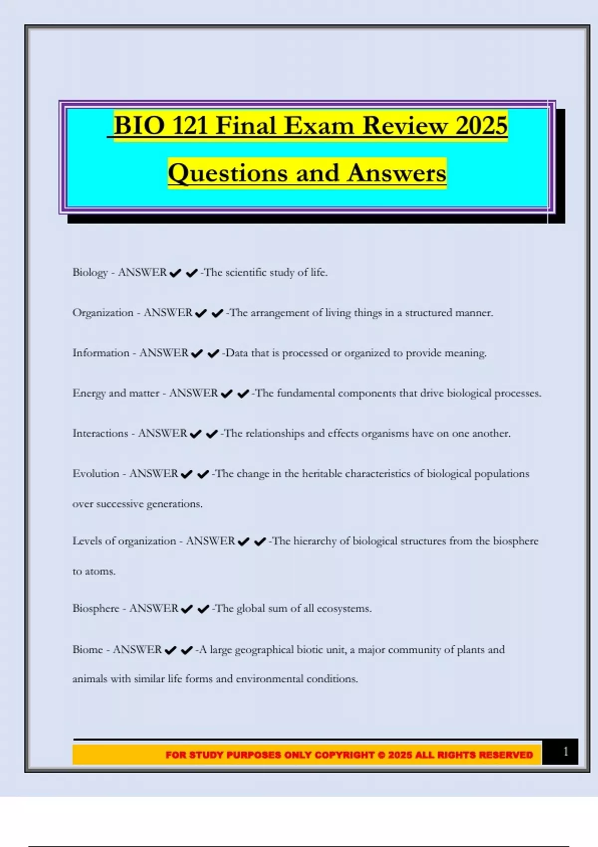 BIO 121 Final Exam Review 2025 Questions and Answers - BIO 121 - Stuvia US
