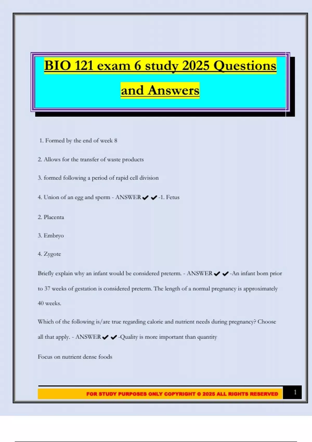 BIO 121 exam 6 study 2025 Questions and Answers - BIO 121 - Stuvia US
