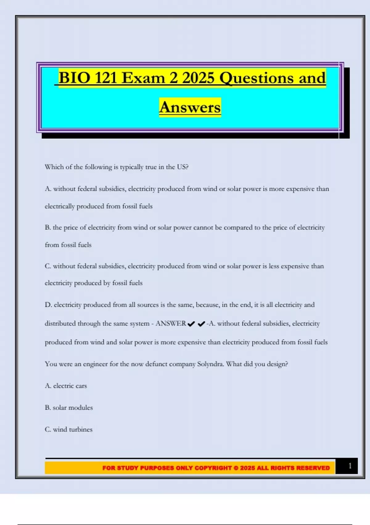 BIO 121 Exam 2 2025 Questions and Answers - BIO 121 - Stuvia US