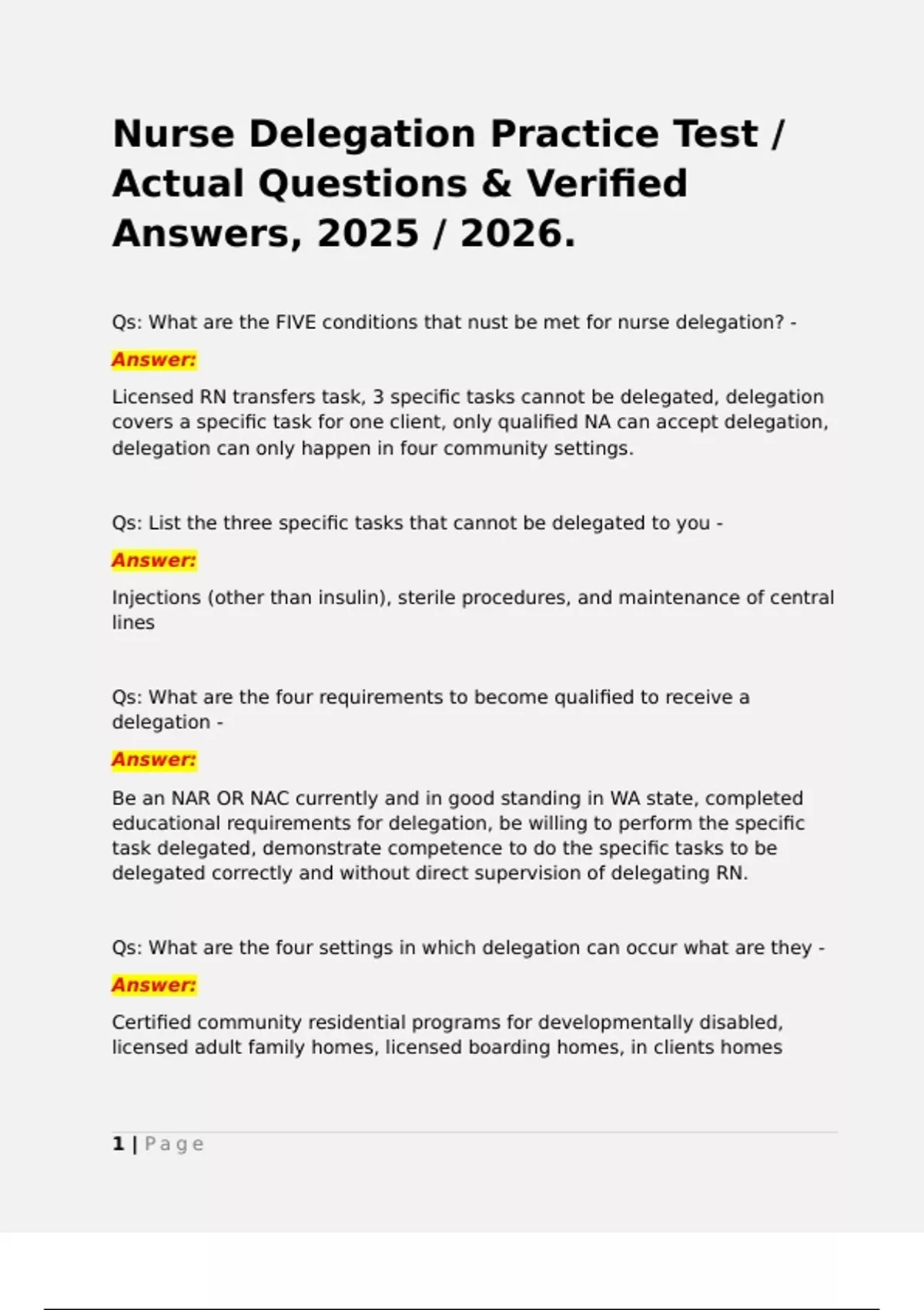 Nurse Delegation Practice Test / Actual Questions & Verified Answers, 2025 / 2026. - Nurse ...