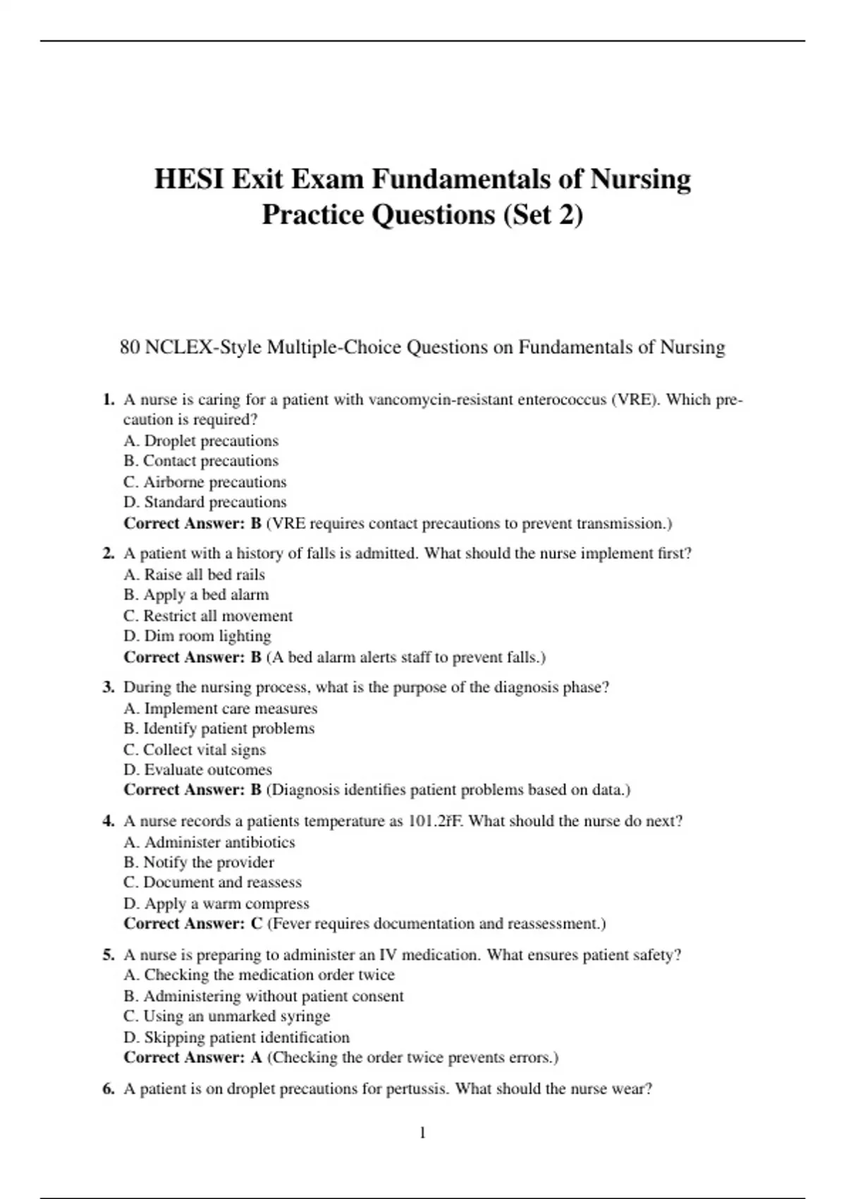 HESI Exit Exam Fundamentals of Nursing Practice Questions – 80 Questions with Answers ...