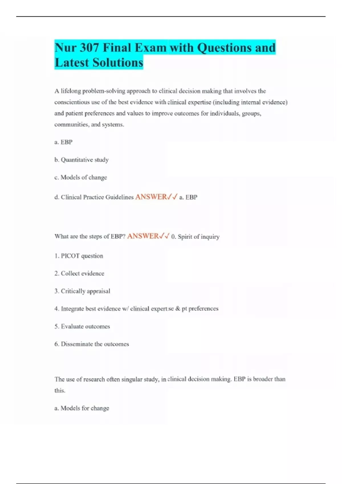 Nur 307 Final Exam with Questions and Latest Solutions - Nur 307 ...
