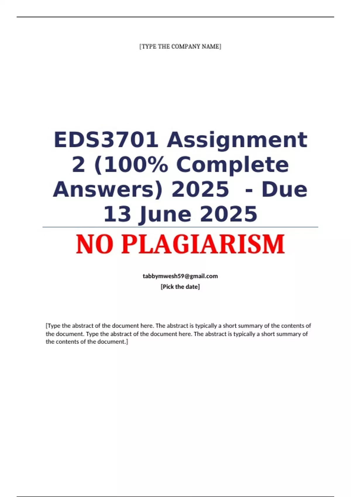 EDS3701 Assignment 2 2025 - Due 13 June 2025;100 % TRUSTED workings ...