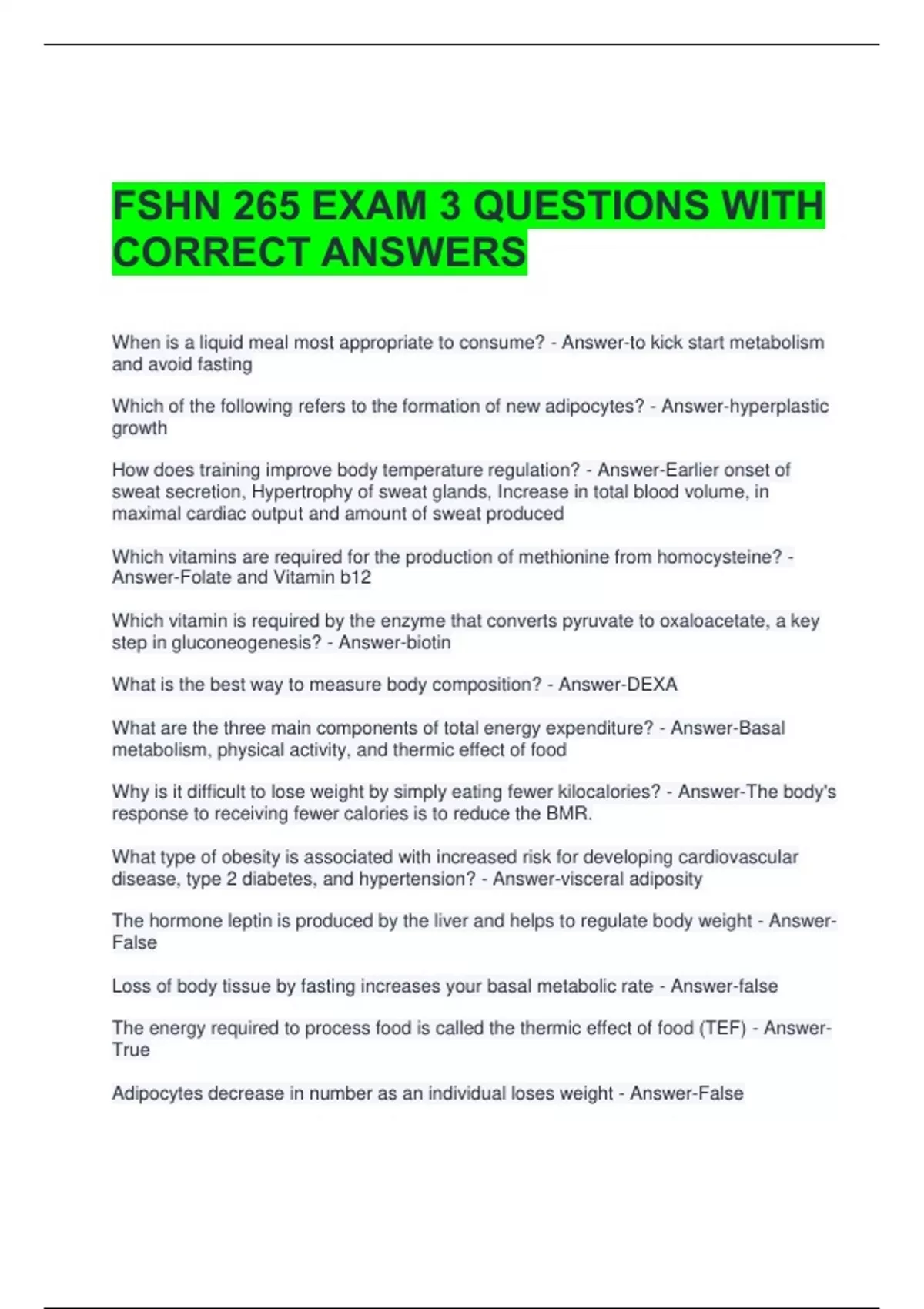 FSHN 265 EXAM 3 QUESTIONS WITH CORRECT ANSWERS - FSHN 265 - Stuvia US